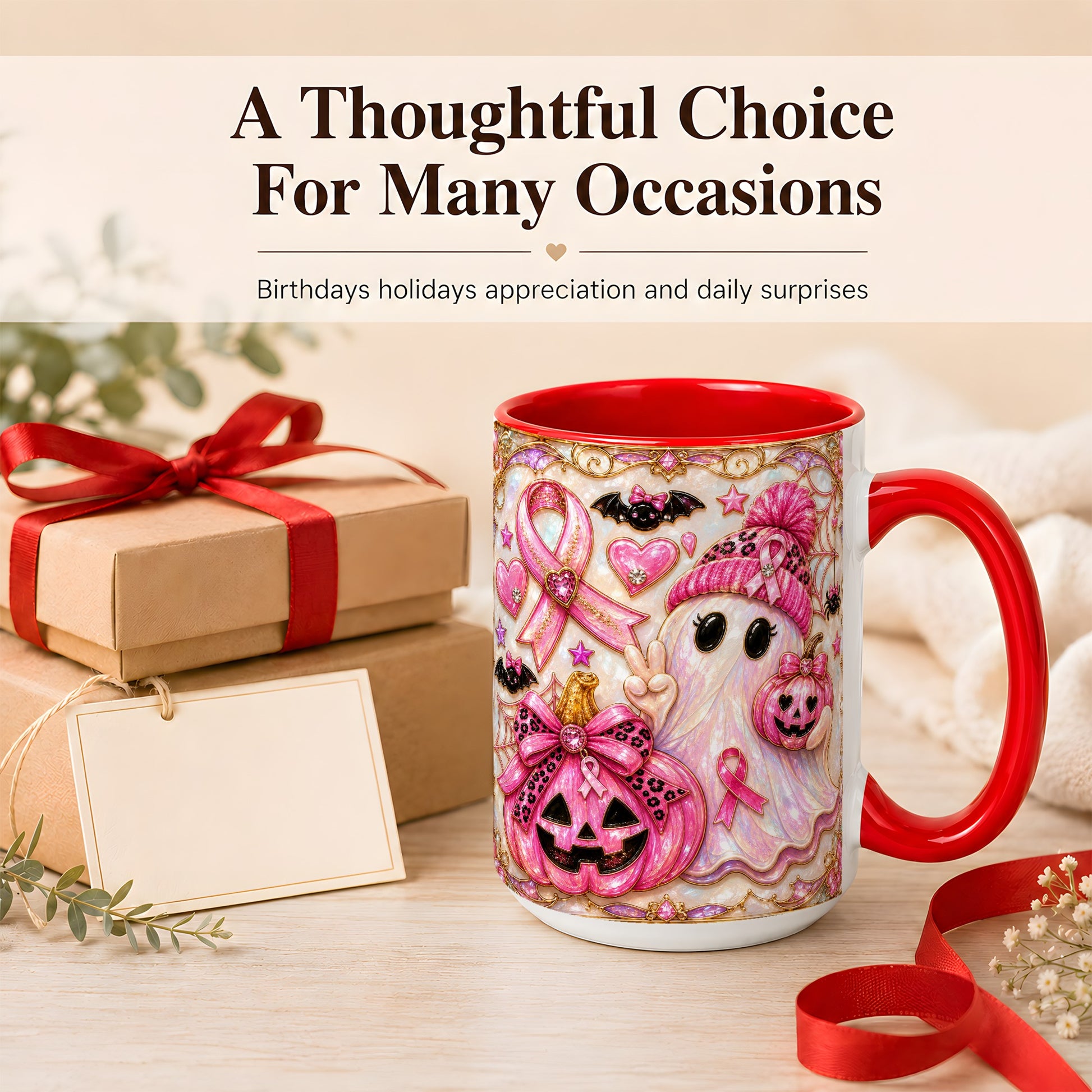 #pl[15oz|Red] Pink Ribbon Ghost Coffee Mug, Halloween Awareness Mug, Ceramic Cup