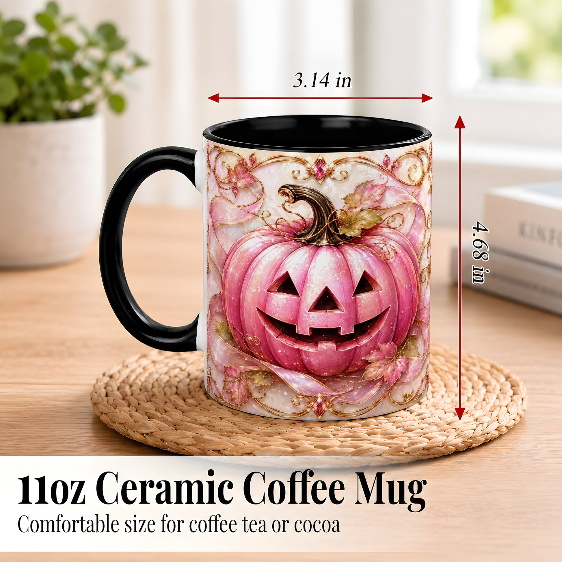 #pl[11oz|Black] Pink Pumpkin Coffee Mug, Halloween Jack O Lantern Mug, Ceramic Cup