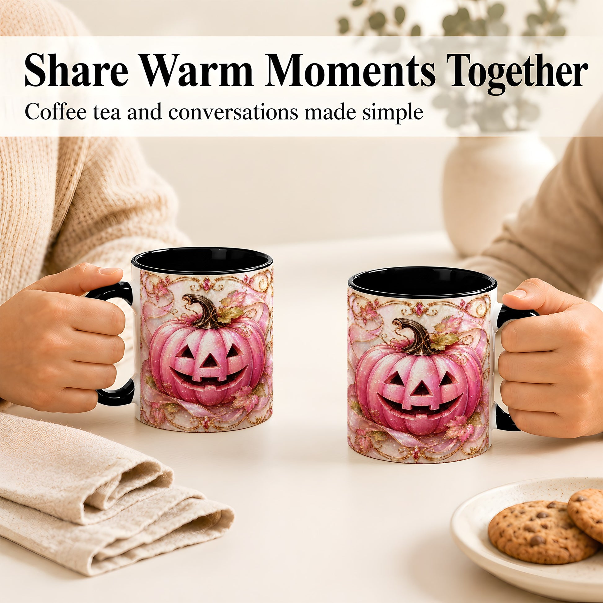 #pl[11oz|Black] Pink Pumpkin Coffee Mug, Halloween Jack O Lantern Mug, Ceramic Cup