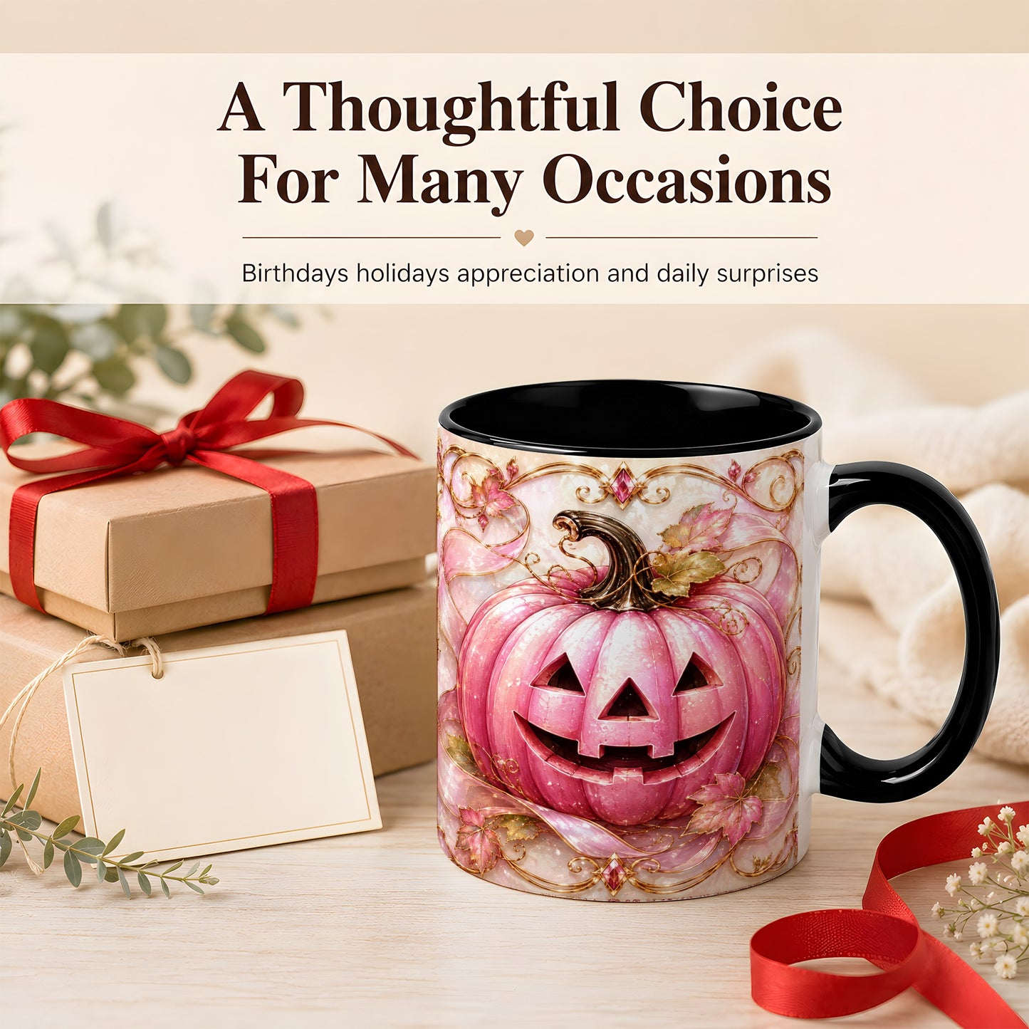 #pl[11oz|Black] Pink Pumpkin Coffee Mug, Halloween Jack O Lantern Mug, Ceramic Cup