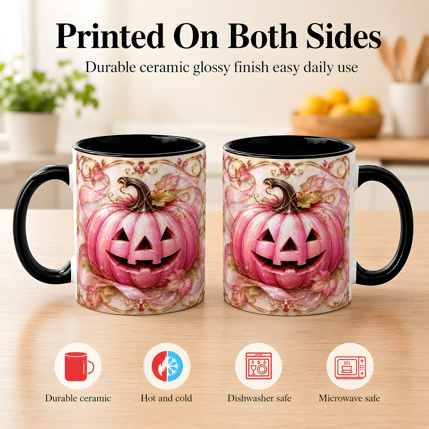 #pl[11oz|Black] Pink Pumpkin Coffee Mug, Halloween Jack O Lantern Mug, Ceramic Cup