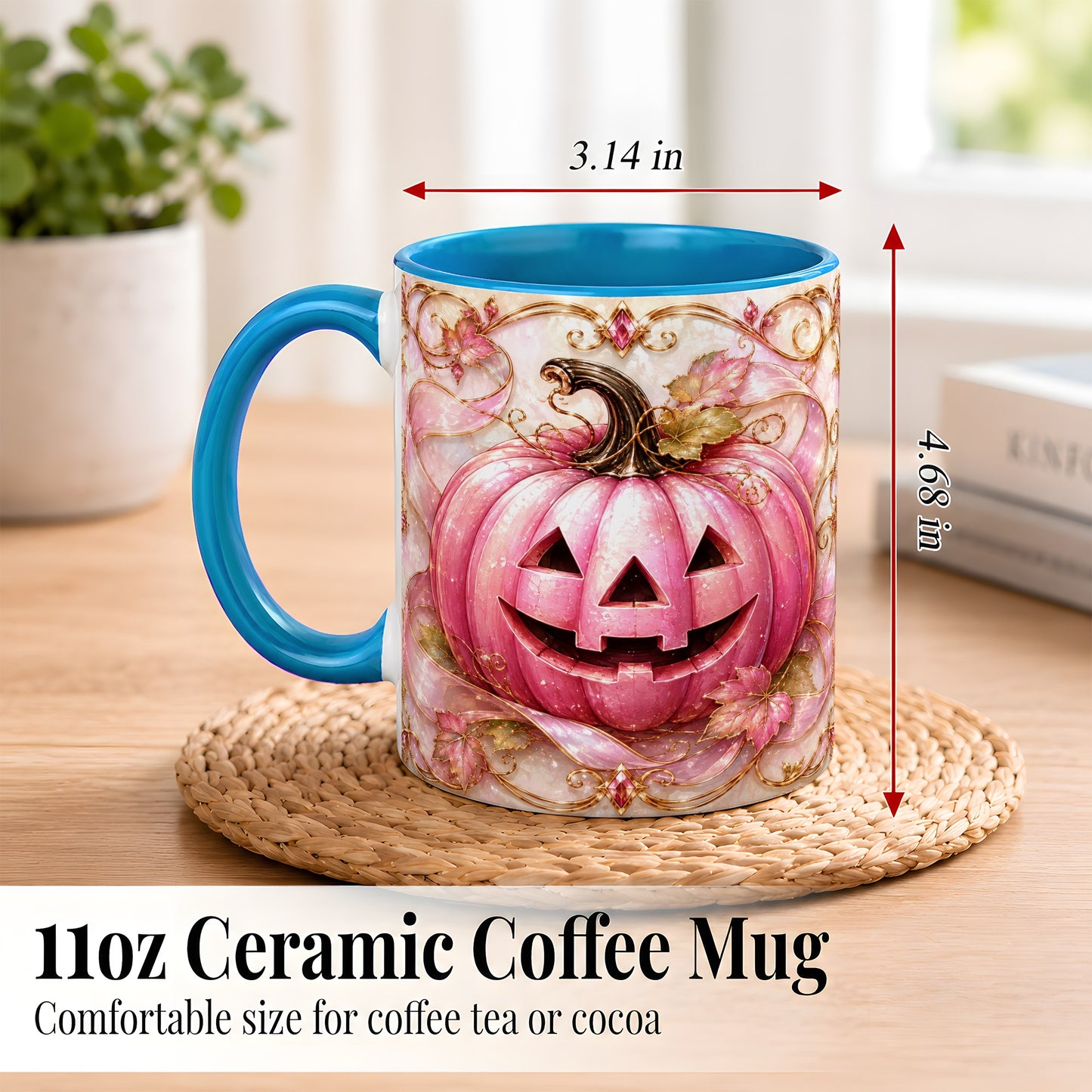 #pl[11oz|Blue] Pink Pumpkin Coffee Mug, Halloween Jack O Lantern Mug, Ceramic Cup