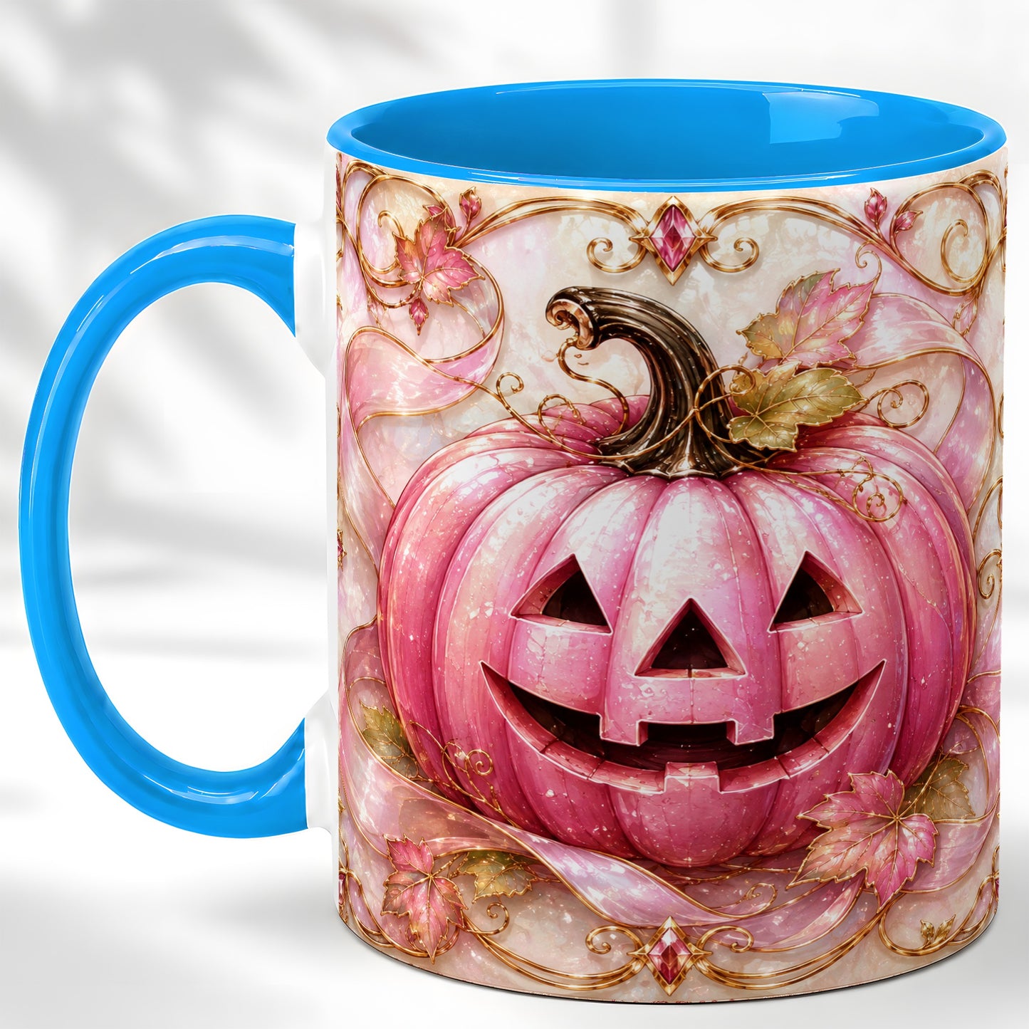 #pl[11oz|Blue] Pink Pumpkin Coffee Mug, Halloween Jack O Lantern Mug, Ceramic Cup