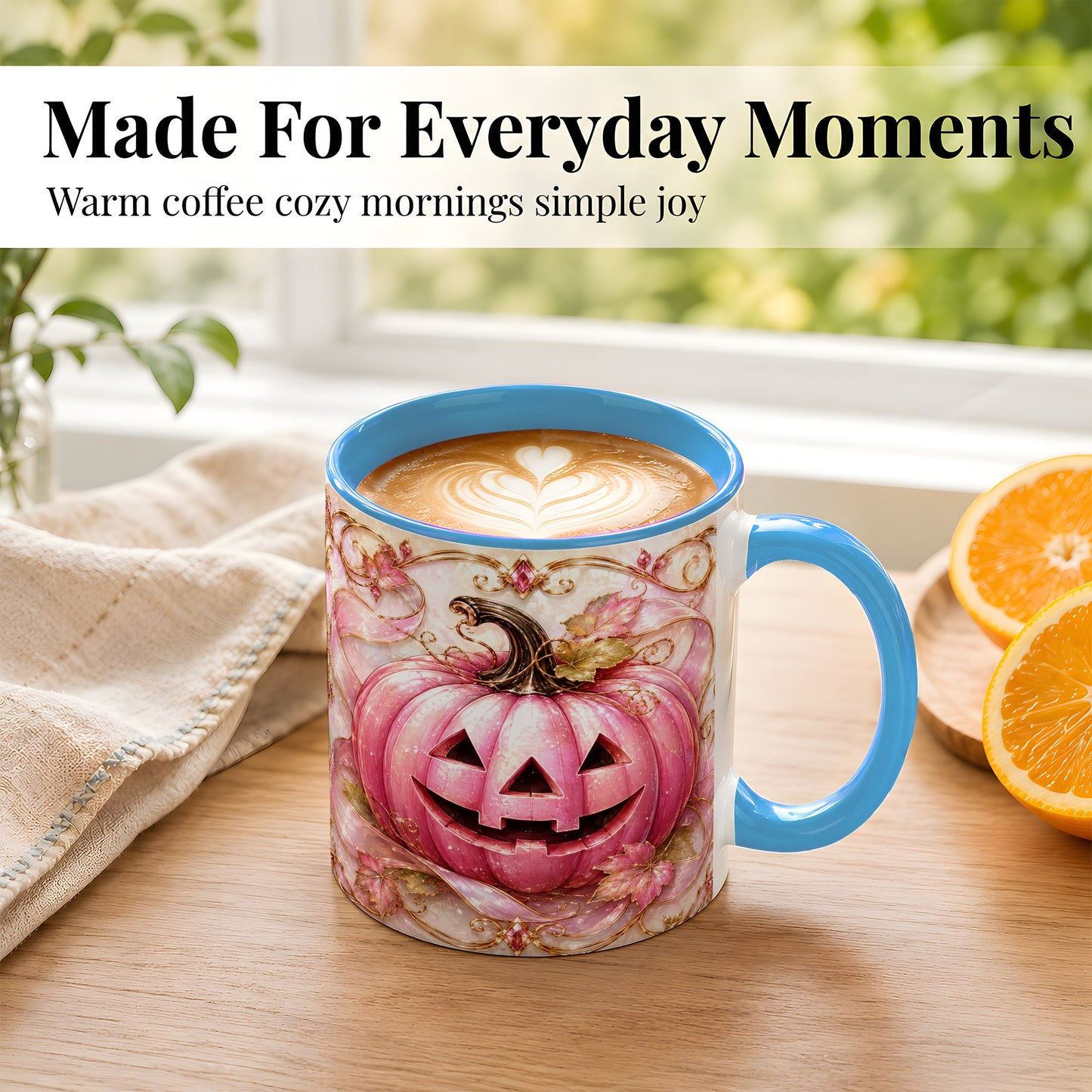 #pl[11oz|Blue] Pink Pumpkin Coffee Mug, Halloween Jack O Lantern Mug, Ceramic Cup