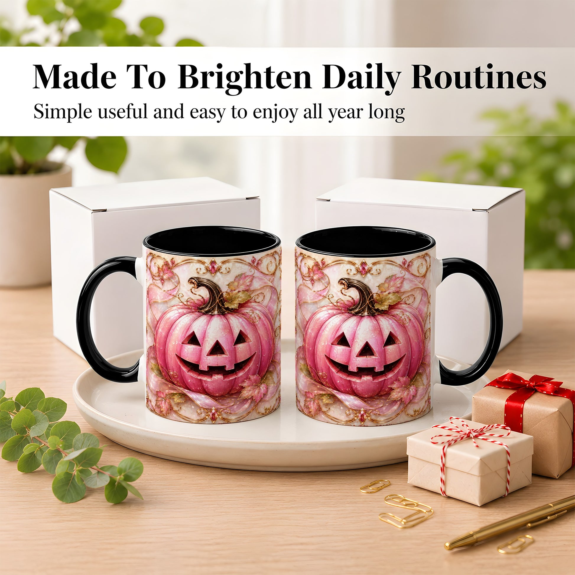 #pl[11oz|Black] Pink Pumpkin Coffee Mug, Halloween Jack O Lantern Mug, Ceramic Cup