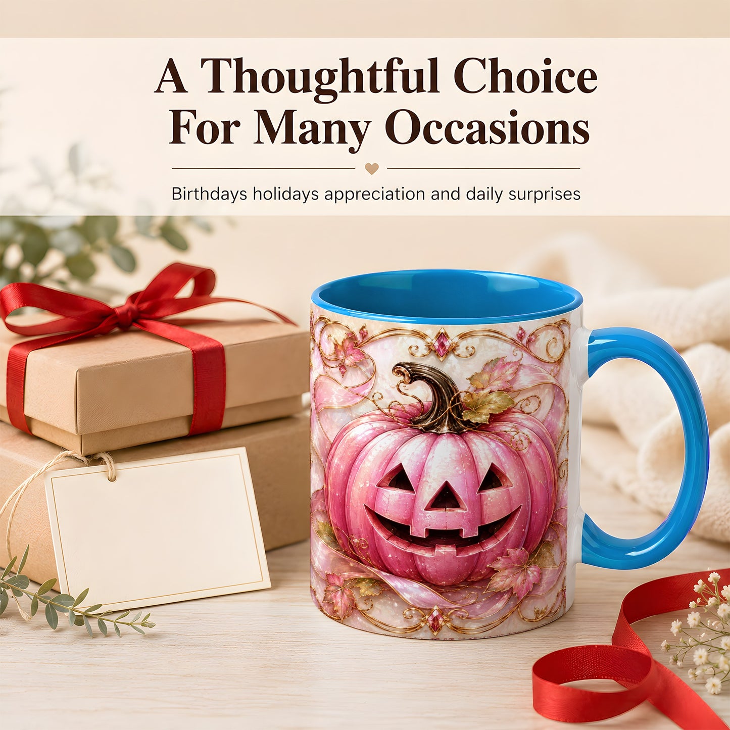 #pl[11oz|Blue] Pink Pumpkin Coffee Mug, Halloween Jack O Lantern Mug, Ceramic Cup