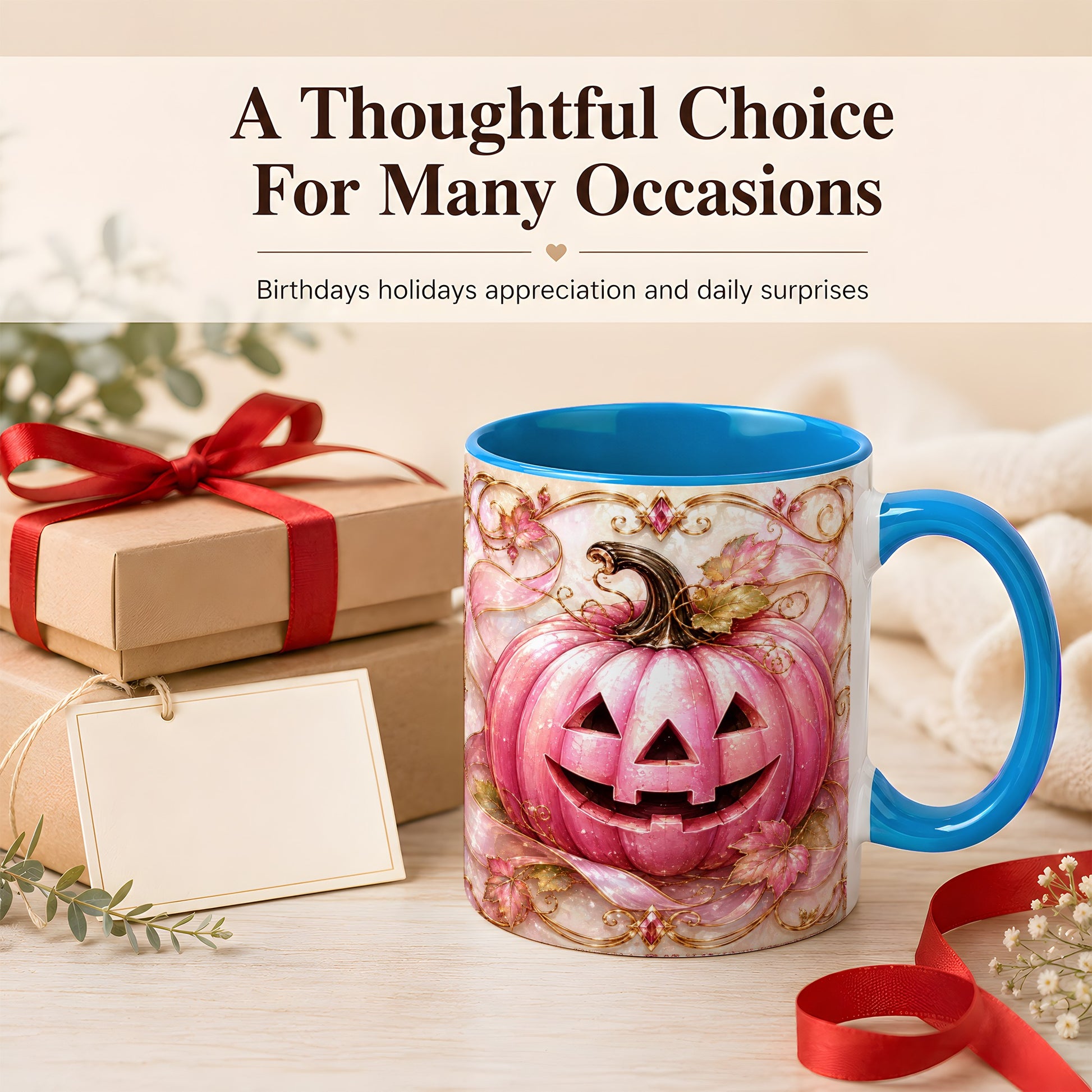 #pl[11oz|Blue] Pink Pumpkin Coffee Mug, Halloween Jack O Lantern Mug, Ceramic Cup