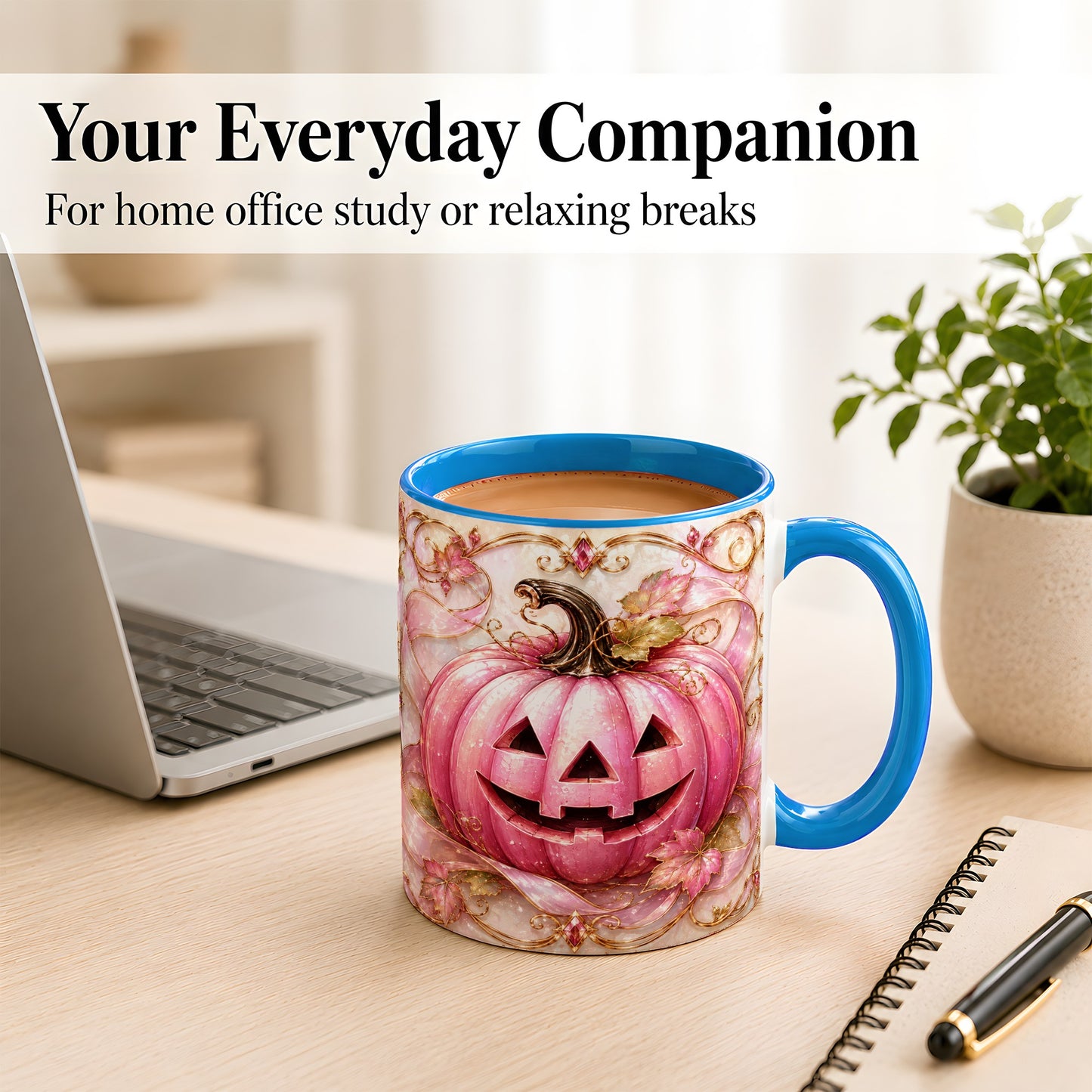 #pl[11oz|Blue] Pink Pumpkin Coffee Mug, Halloween Jack O Lantern Mug, Ceramic Cup