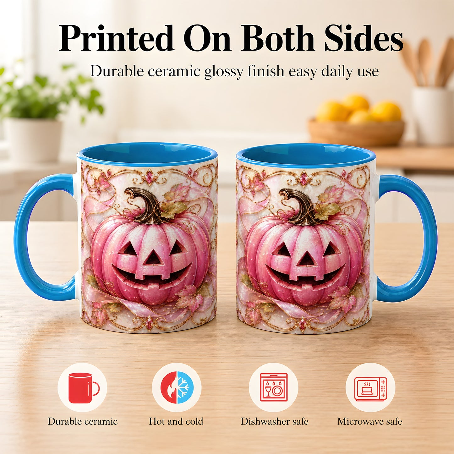 #pl[11oz|Blue] Pink Pumpkin Coffee Mug, Halloween Jack O Lantern Mug, Ceramic Cup