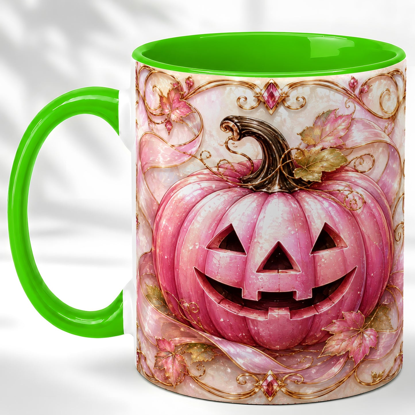 #pl[11oz|Green] Pink Pumpkin Coffee Mug, Halloween Jack O Lantern Mug, Ceramic Cup