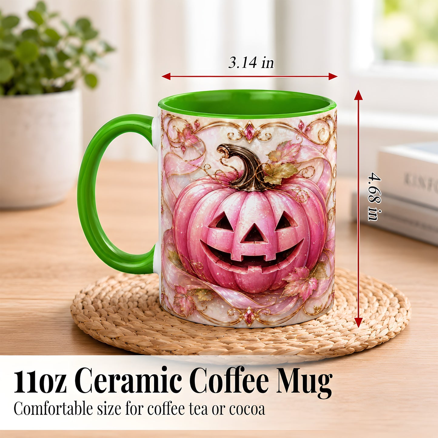 #pl[11oz|Green] Pink Pumpkin Coffee Mug, Halloween Jack O Lantern Mug, Ceramic Cup