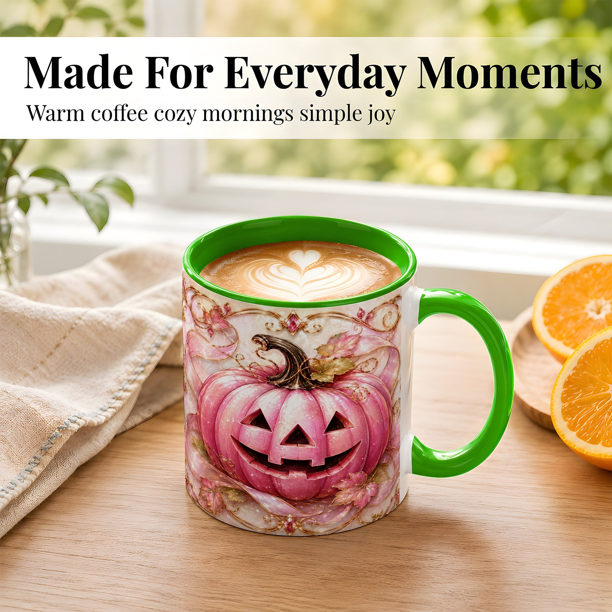 #pl[11oz|Green] Pink Pumpkin Coffee Mug, Halloween Jack O Lantern Mug, Ceramic Cup