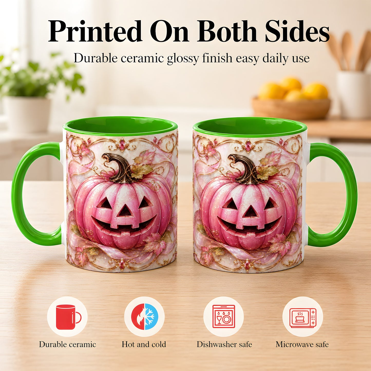 #pl[11oz|Green] Pink Pumpkin Coffee Mug, Halloween Jack O Lantern Mug, Ceramic Cup
