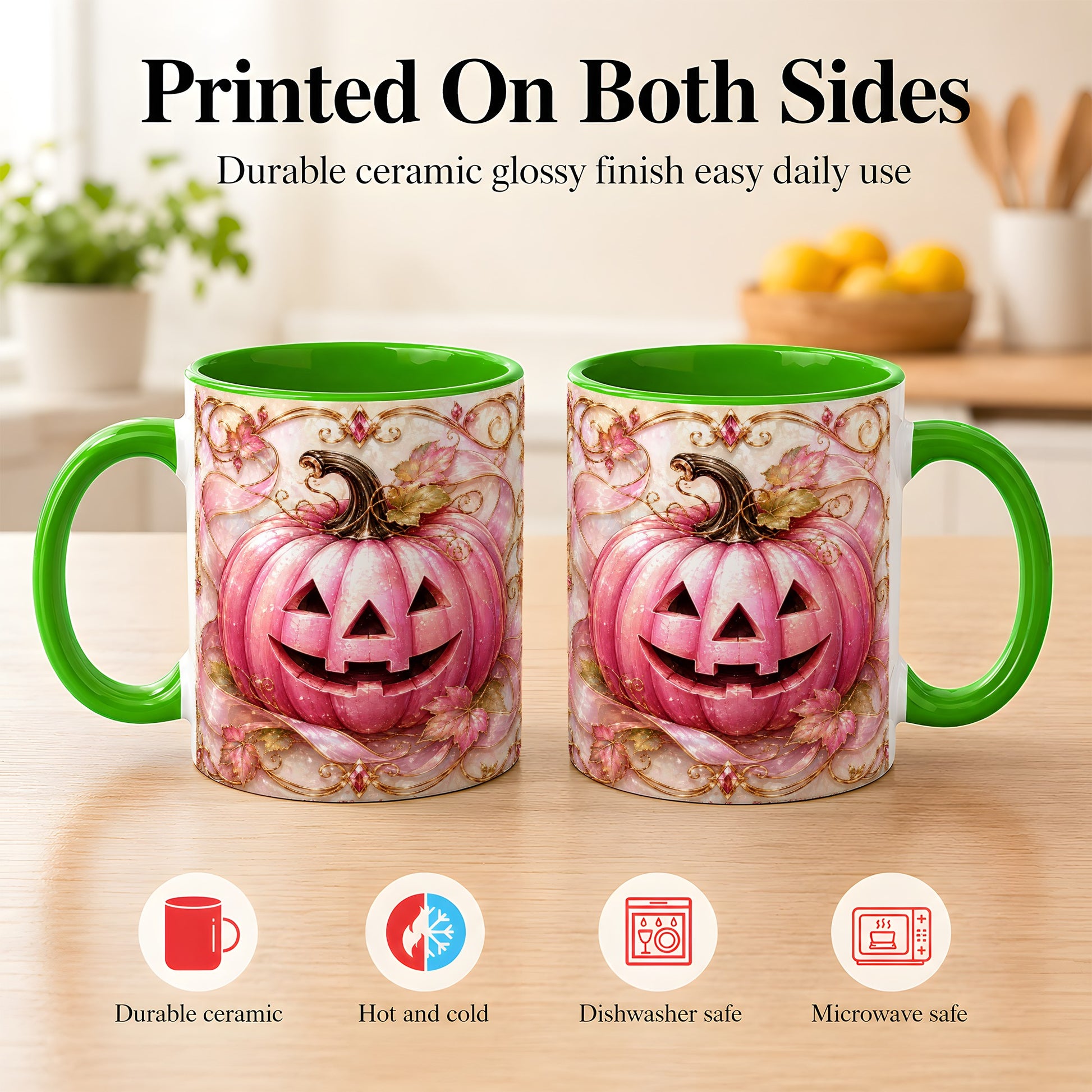 #pl[11oz|Green] Pink Pumpkin Coffee Mug, Halloween Jack O Lantern Mug, Ceramic Cup