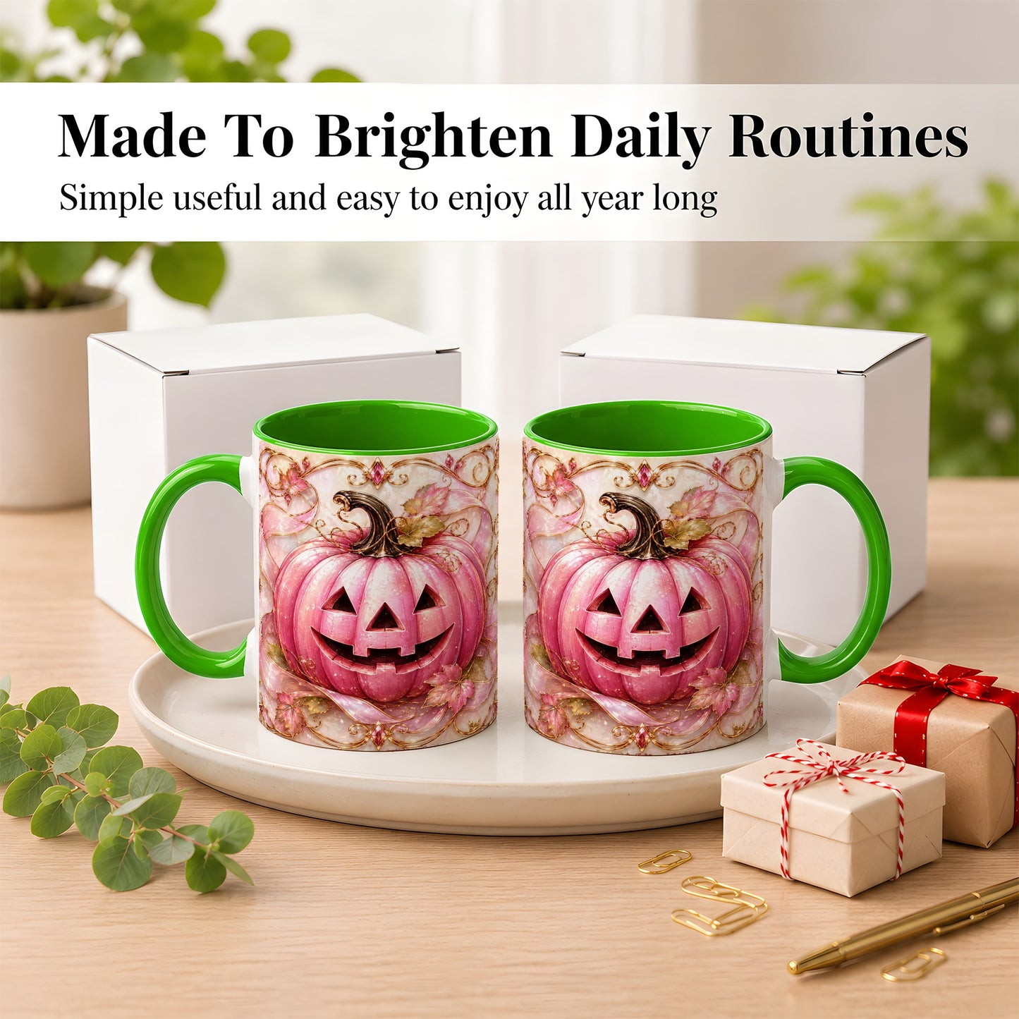 #pl[11oz|Green] Pink Pumpkin Coffee Mug, Halloween Jack O Lantern Mug, Ceramic Cup