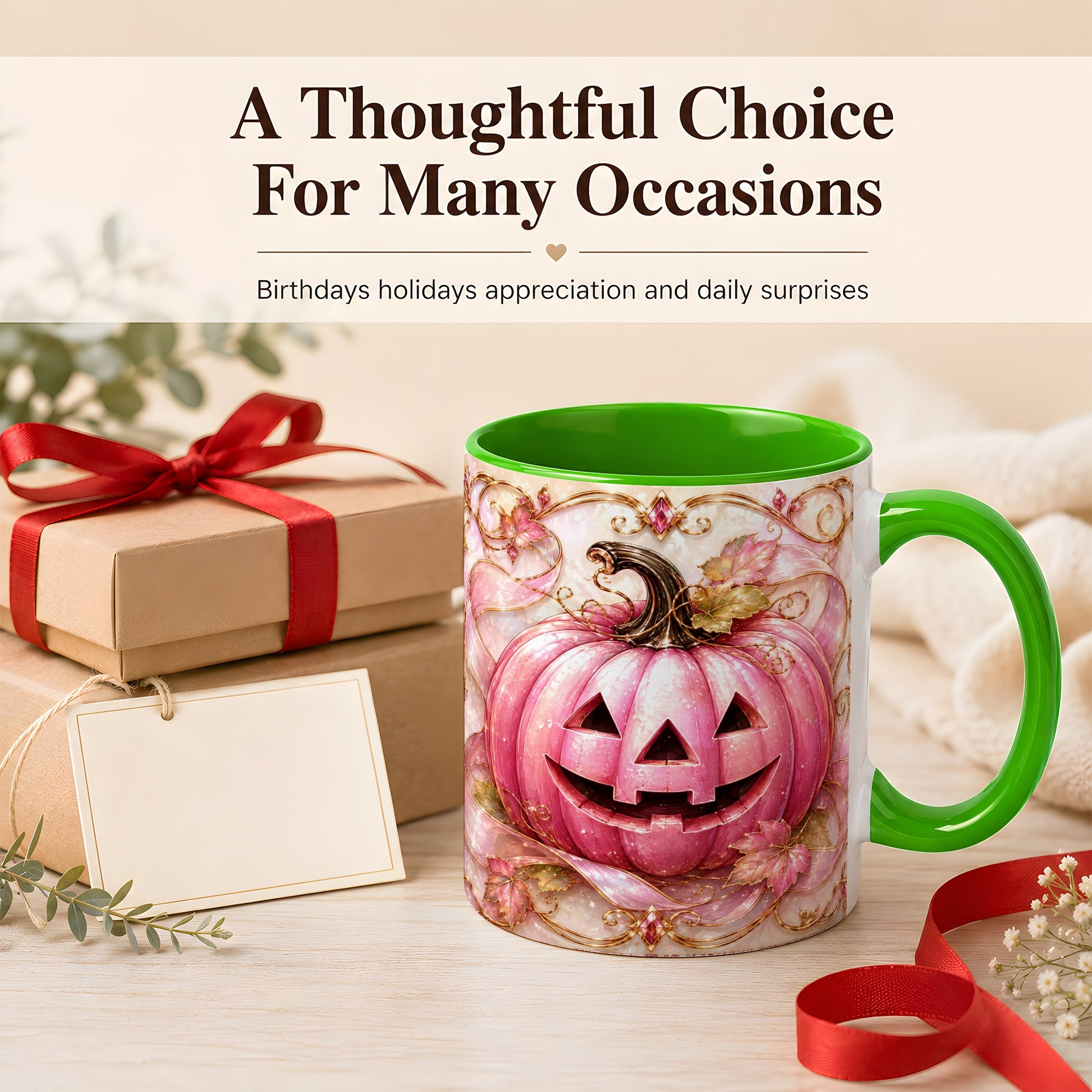 #pl[11oz|Green] Pink Pumpkin Coffee Mug, Halloween Jack O Lantern Mug, Ceramic Cup