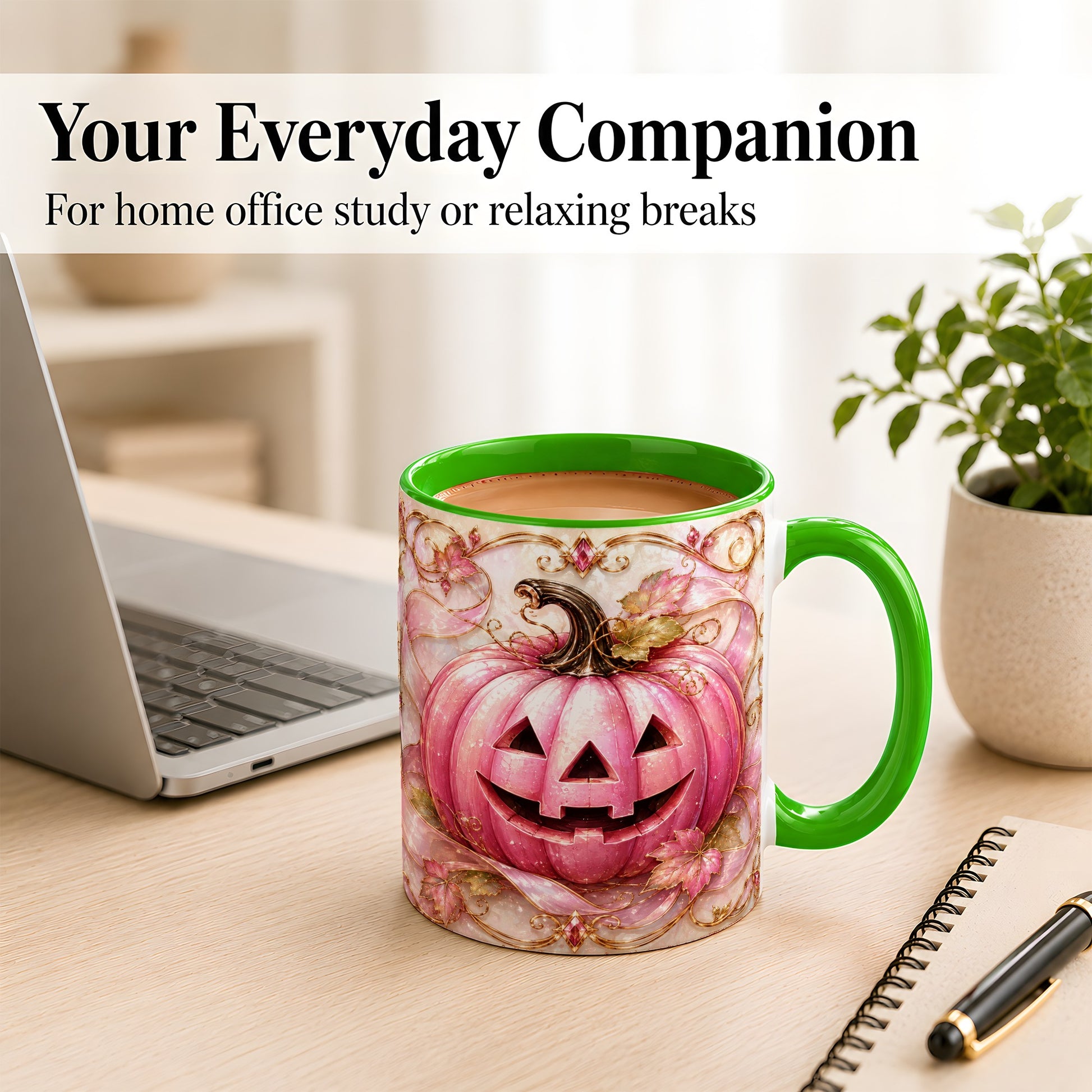 #pl[11oz|Green] Pink Pumpkin Coffee Mug, Halloween Jack O Lantern Mug, Ceramic Cup