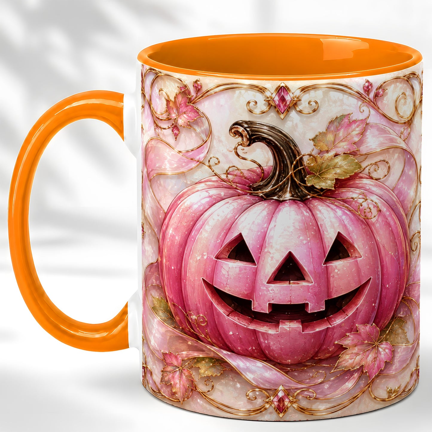 #pl[11oz|Orange] Pink Pumpkin Coffee Mug, Halloween Jack O Lantern Mug, Ceramic Cup
