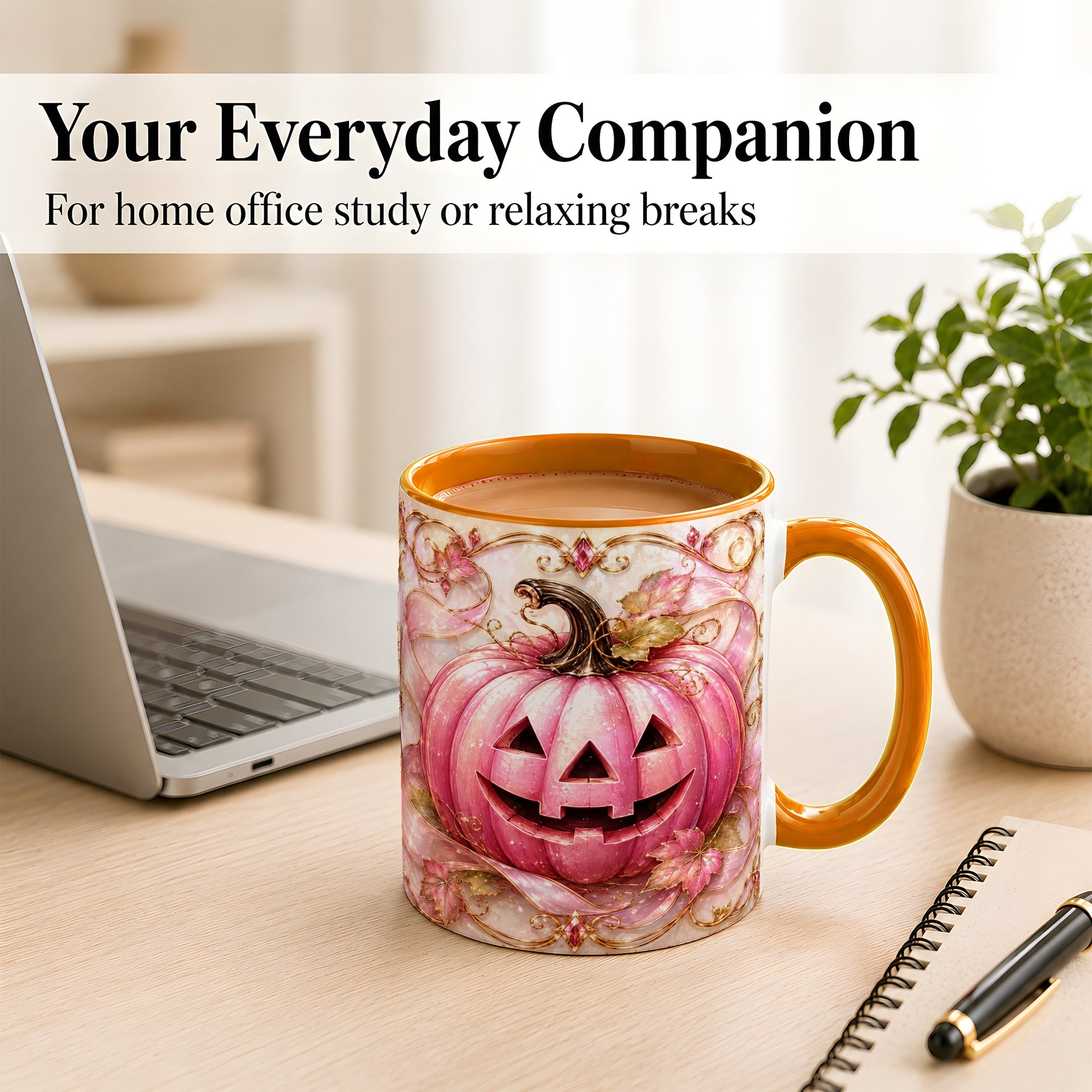 #pl[11oz|Orange] Pink Pumpkin Coffee Mug, Halloween Jack O Lantern Mug, Ceramic Cup