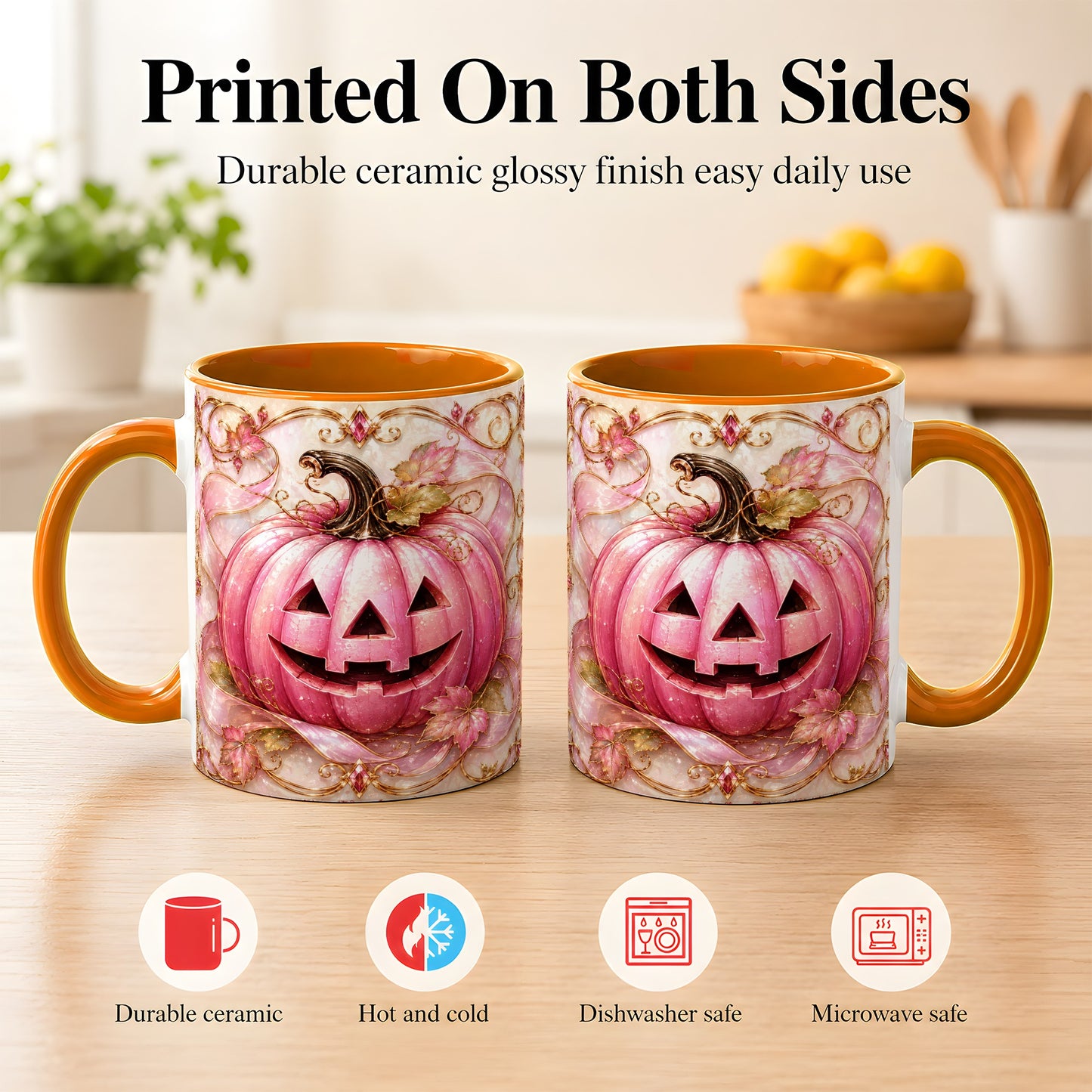 #pl[11oz|Orange] Pink Pumpkin Coffee Mug, Halloween Jack O Lantern Mug, Ceramic Cup