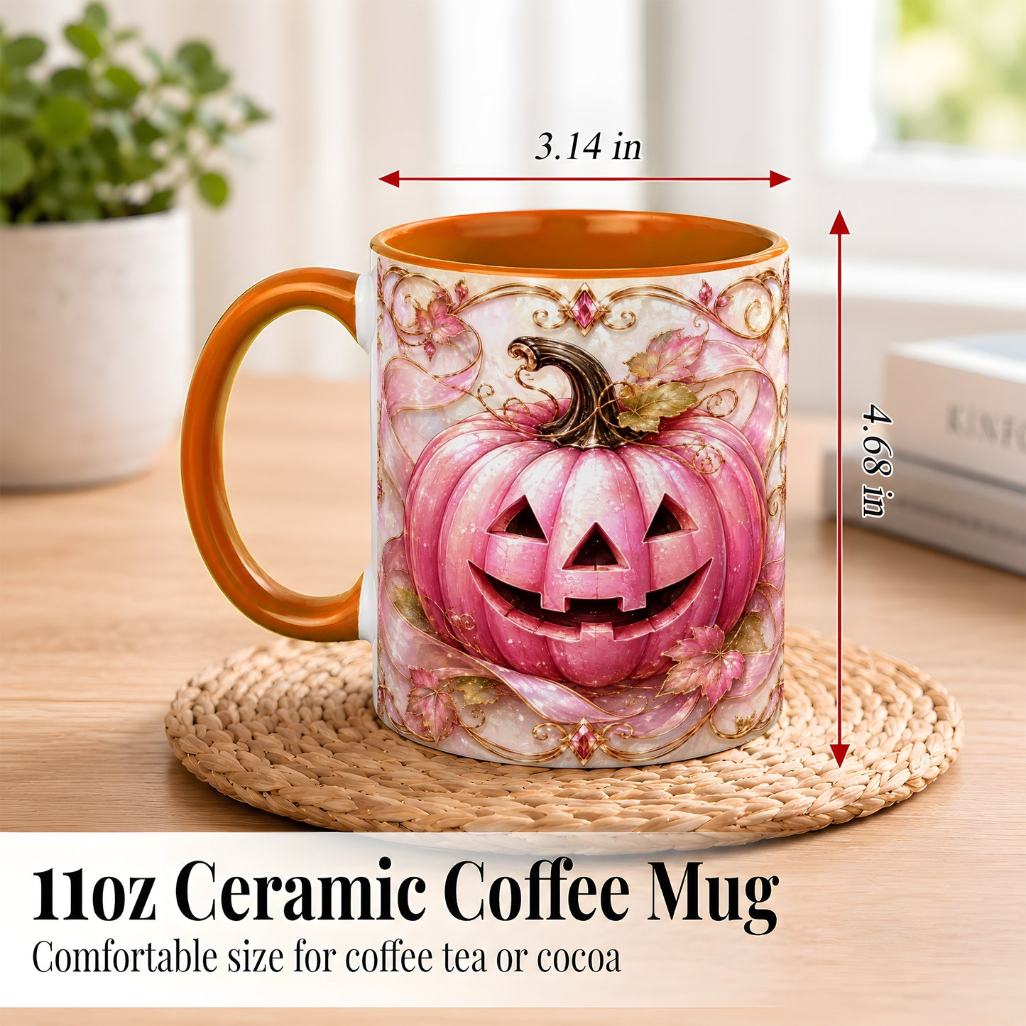 #pl[11oz|Orange] Pink Pumpkin Coffee Mug, Halloween Jack O Lantern Mug, Ceramic Cup