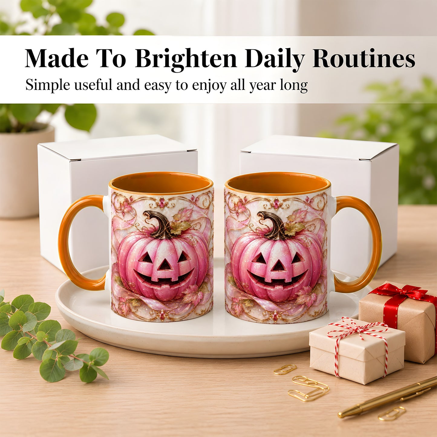 #pl[11oz|Orange] Pink Pumpkin Coffee Mug, Halloween Jack O Lantern Mug, Ceramic Cup