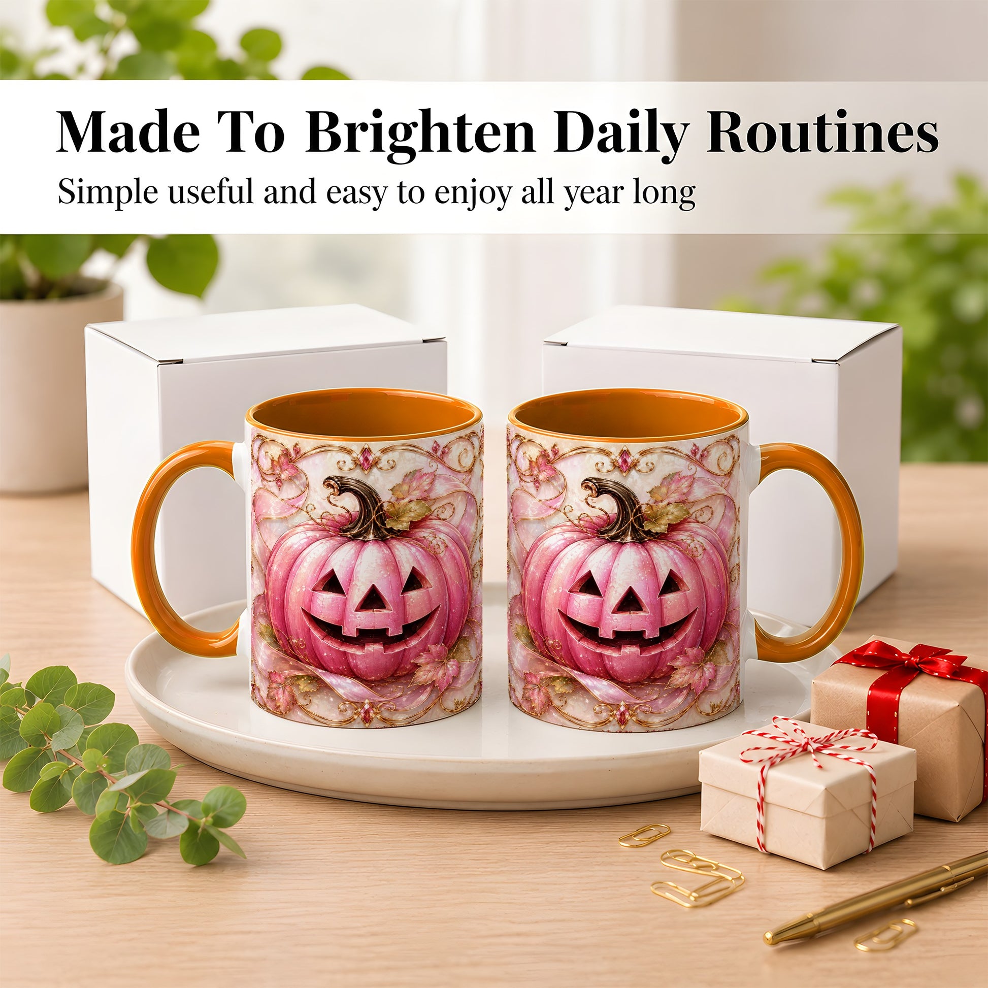 #pl[11oz|Orange] Pink Pumpkin Coffee Mug, Halloween Jack O Lantern Mug, Ceramic Cup