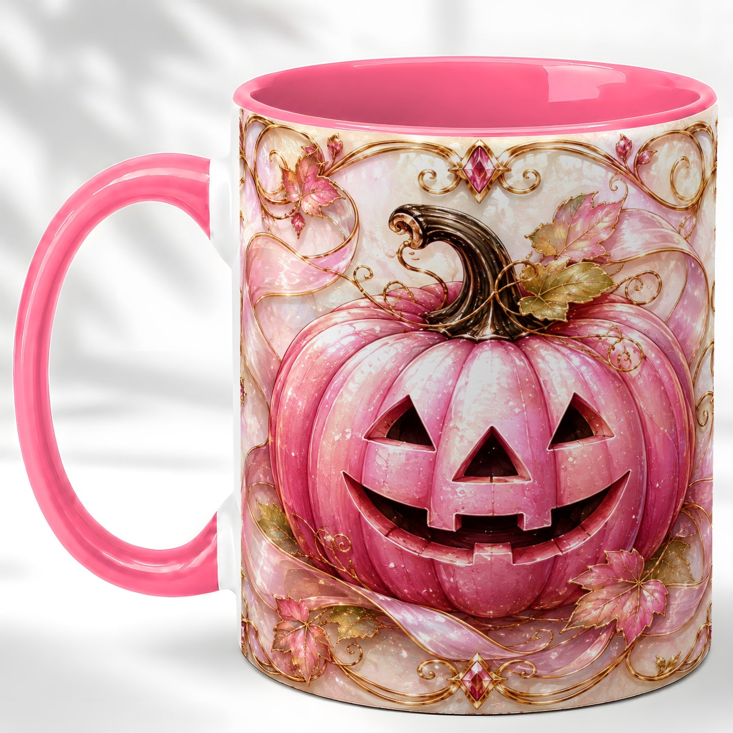 #pl[11oz|Pink] Pink Pumpkin Coffee Mug, Halloween Jack O Lantern Mug, Ceramic Cup