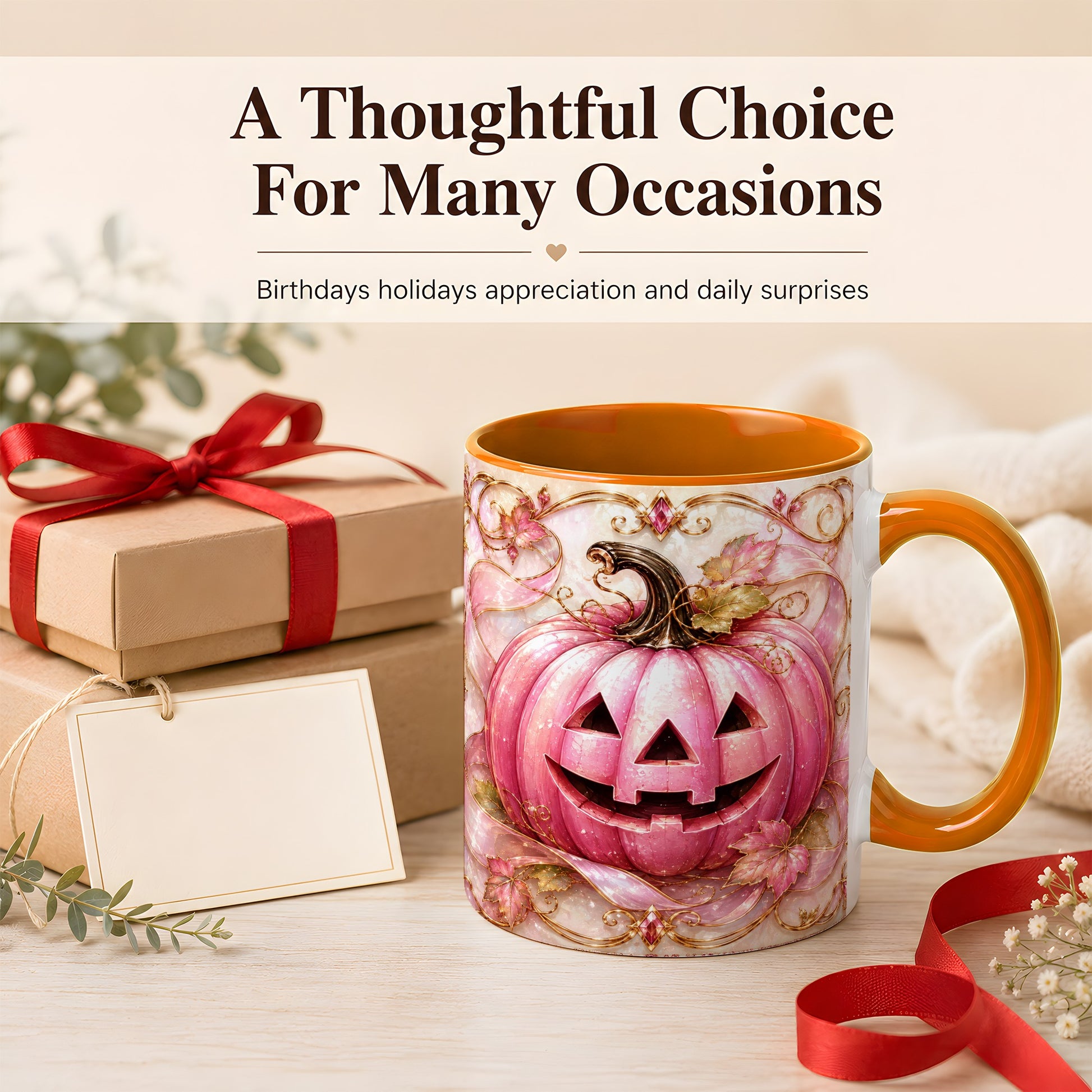 #pl[11oz|Orange] Pink Pumpkin Coffee Mug, Halloween Jack O Lantern Mug, Ceramic Cup