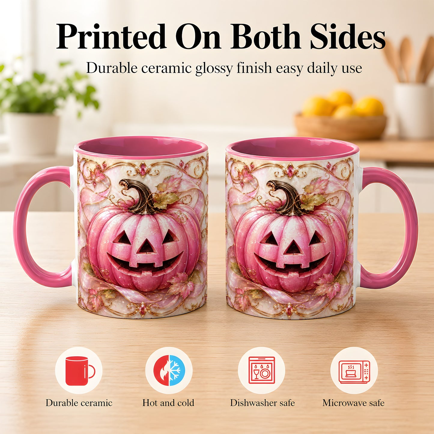 #pl[11oz|Pink] Pink Pumpkin Coffee Mug, Halloween Jack O Lantern Mug, Ceramic Cup