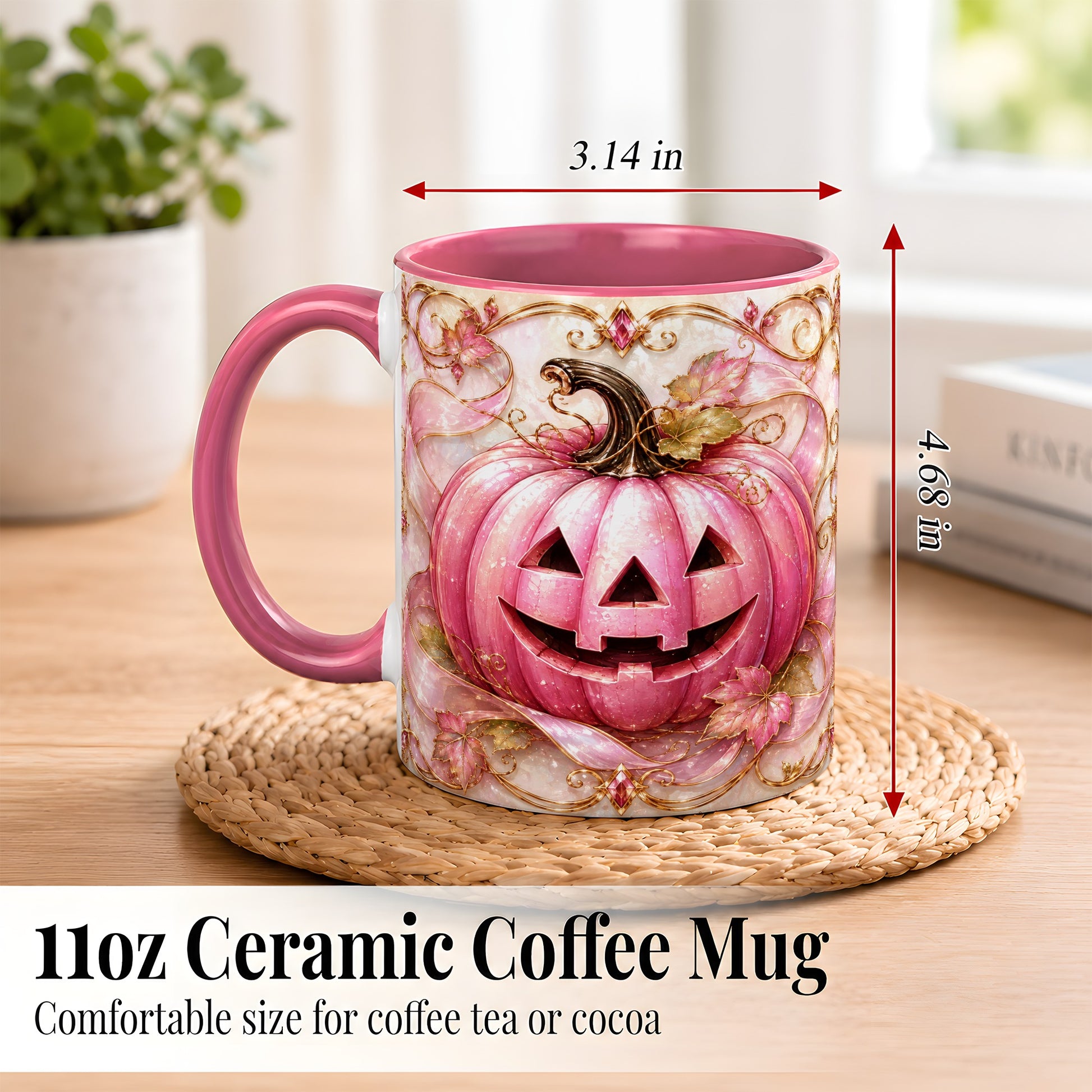#pl[11oz|Pink] Pink Pumpkin Coffee Mug, Halloween Jack O Lantern Mug, Ceramic Cup