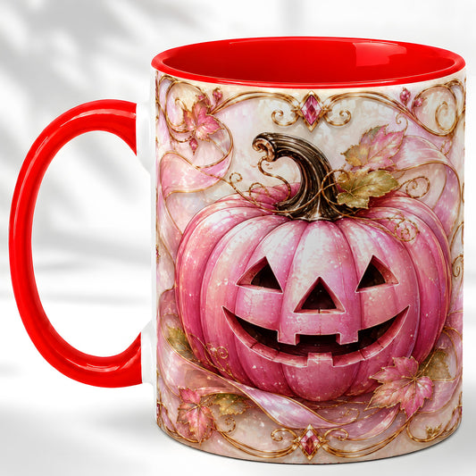 #pl[11oz|Red] Pink Pumpkin Coffee Mug, Halloween Jack O Lantern Mug, Ceramic Cup
