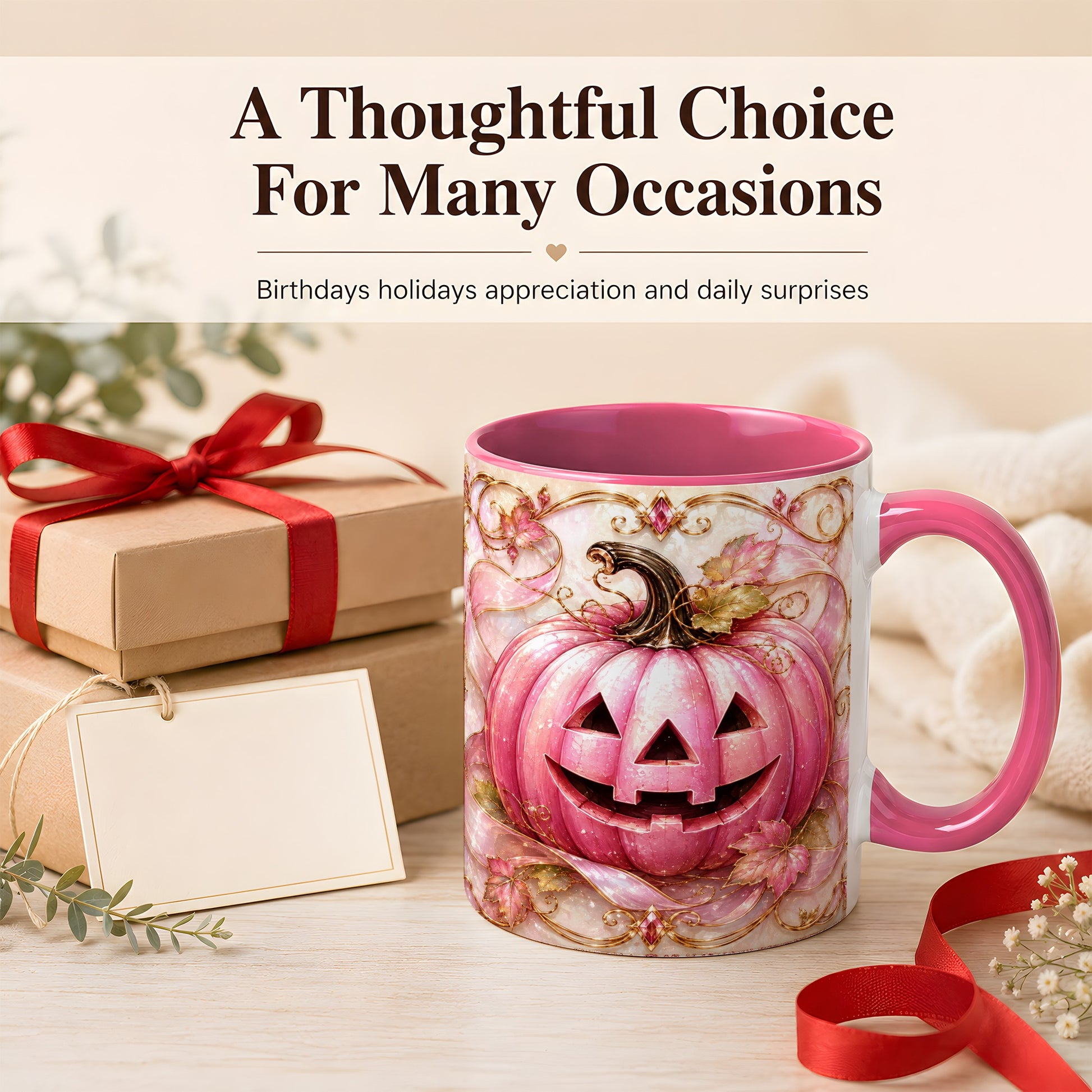 #pl[11oz|Pink] Pink Pumpkin Coffee Mug, Halloween Jack O Lantern Mug, Ceramic Cup