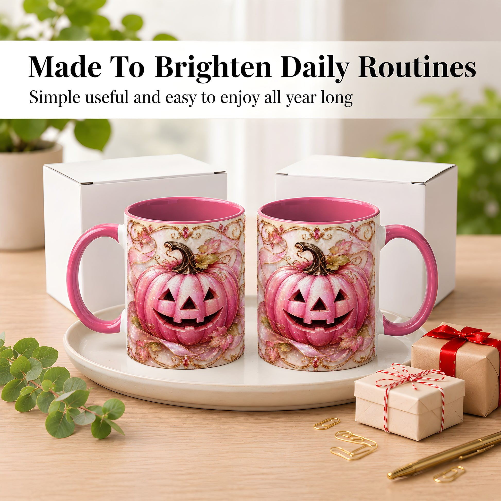 #pl[11oz|Pink] Pink Pumpkin Coffee Mug, Halloween Jack O Lantern Mug, Ceramic Cup