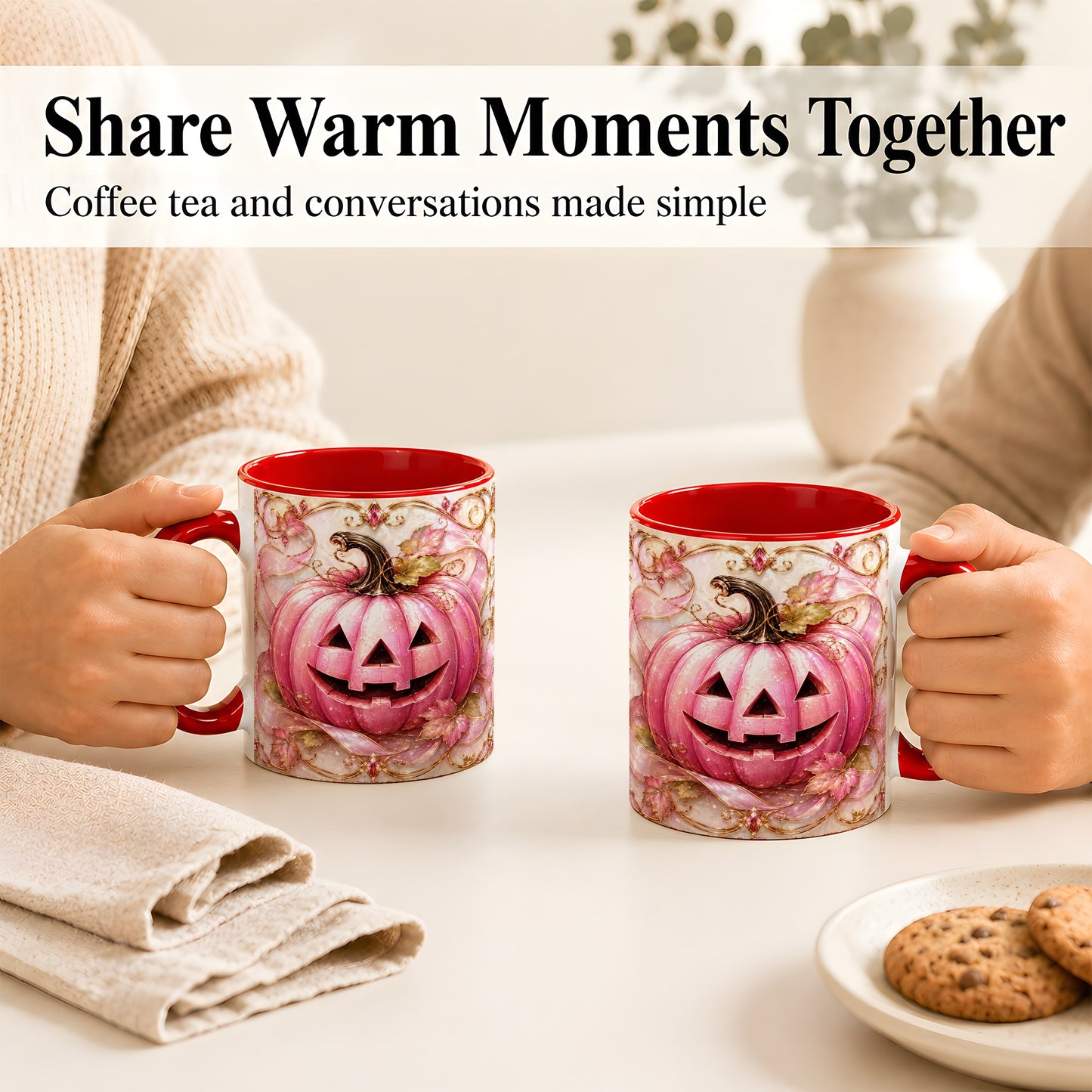 #pl[11oz|Red] Pink Pumpkin Coffee Mug, Halloween Jack O Lantern Mug, Ceramic Cup