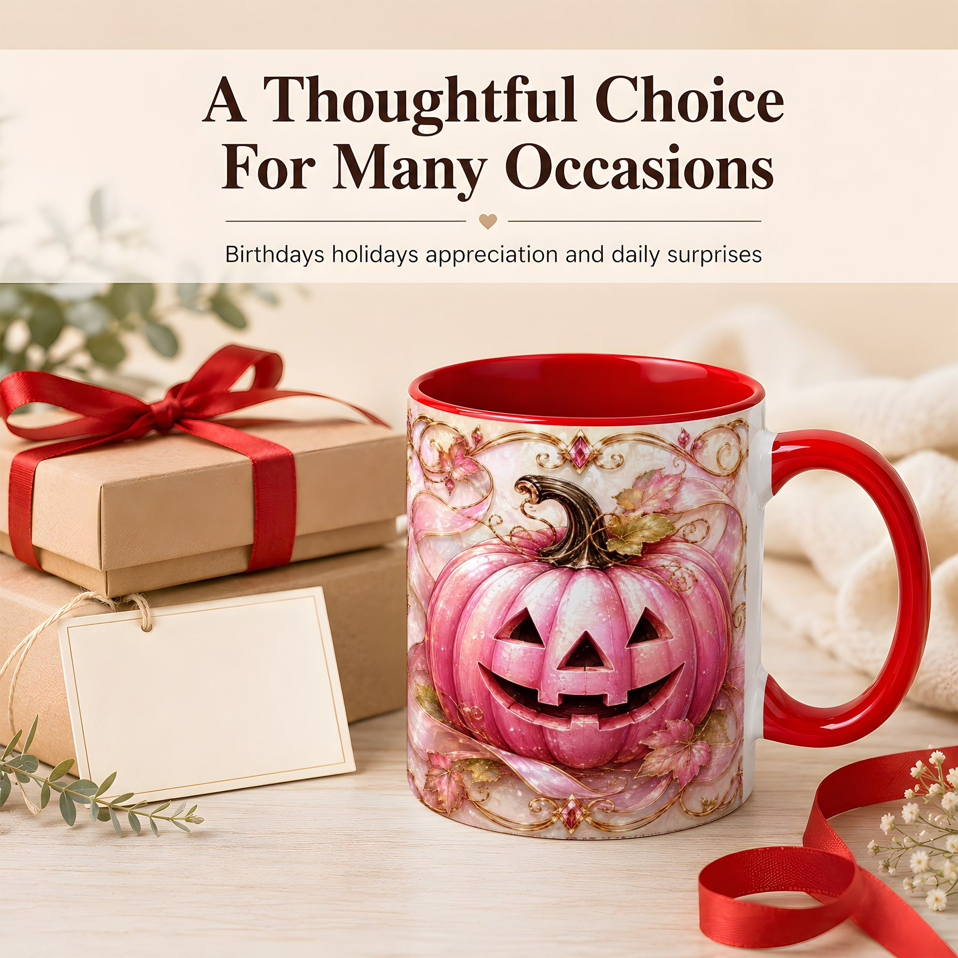 #pl[11oz|Red] Pink Pumpkin Coffee Mug, Halloween Jack O Lantern Mug, Ceramic Cup