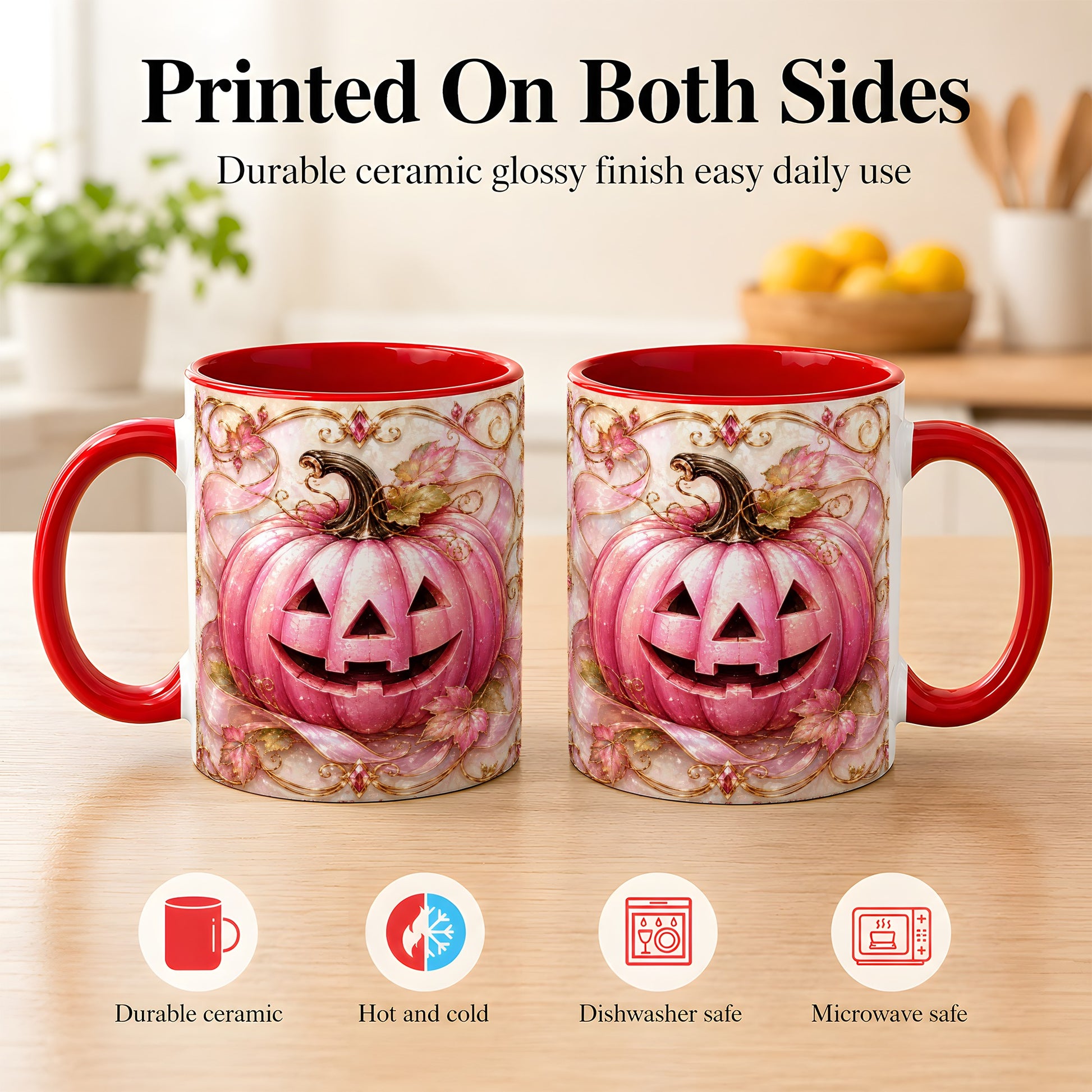 #pl[11oz|Red] Pink Pumpkin Coffee Mug, Halloween Jack O Lantern Mug, Ceramic Cup