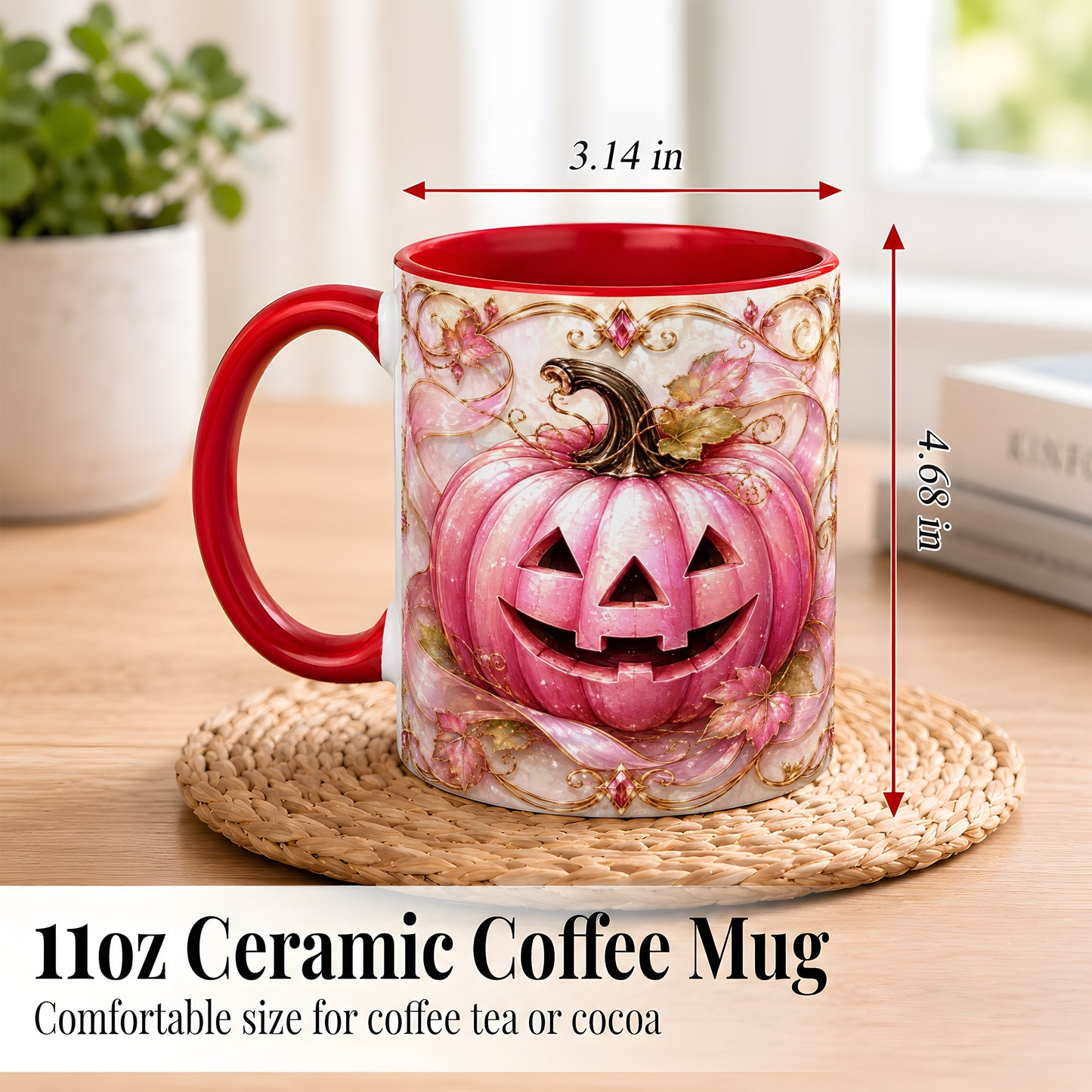 #pl[11oz|Red] Pink Pumpkin Coffee Mug, Halloween Jack O Lantern Mug, Ceramic Cup
