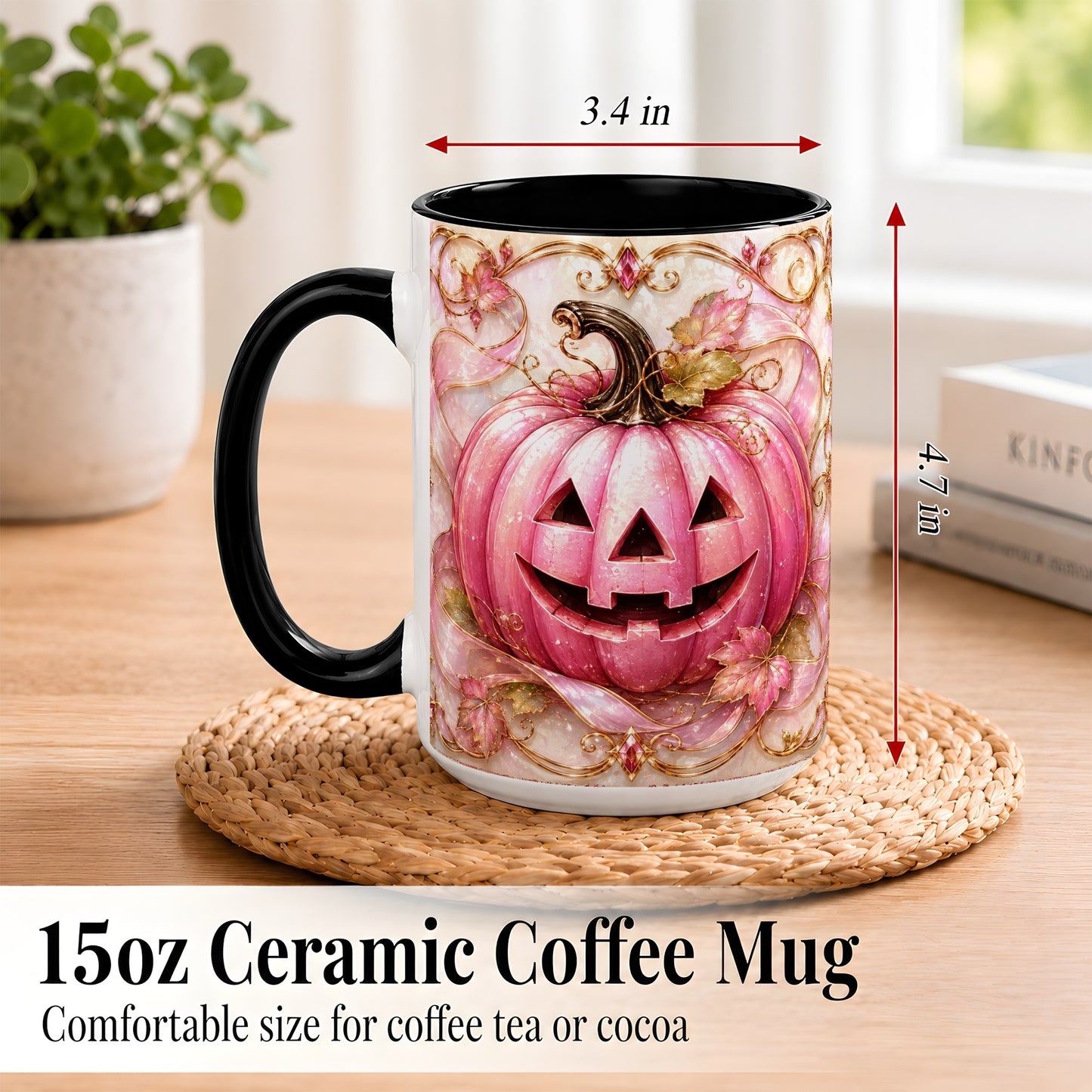 #pl[15oz|Black] Pink Pumpkin Coffee Mug, Halloween Jack O Lantern Mug, Ceramic Cup
