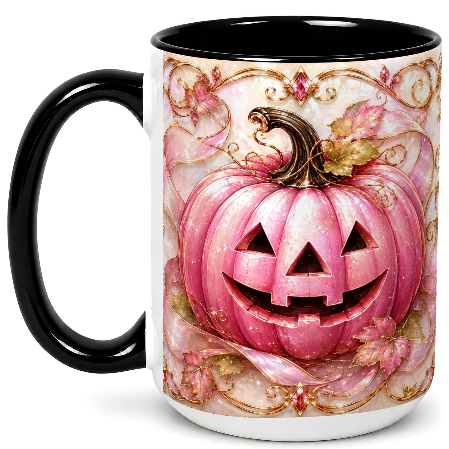 #pl[15oz|Black] Pink Pumpkin Coffee Mug, Halloween Jack O Lantern Mug, Ceramic Cup