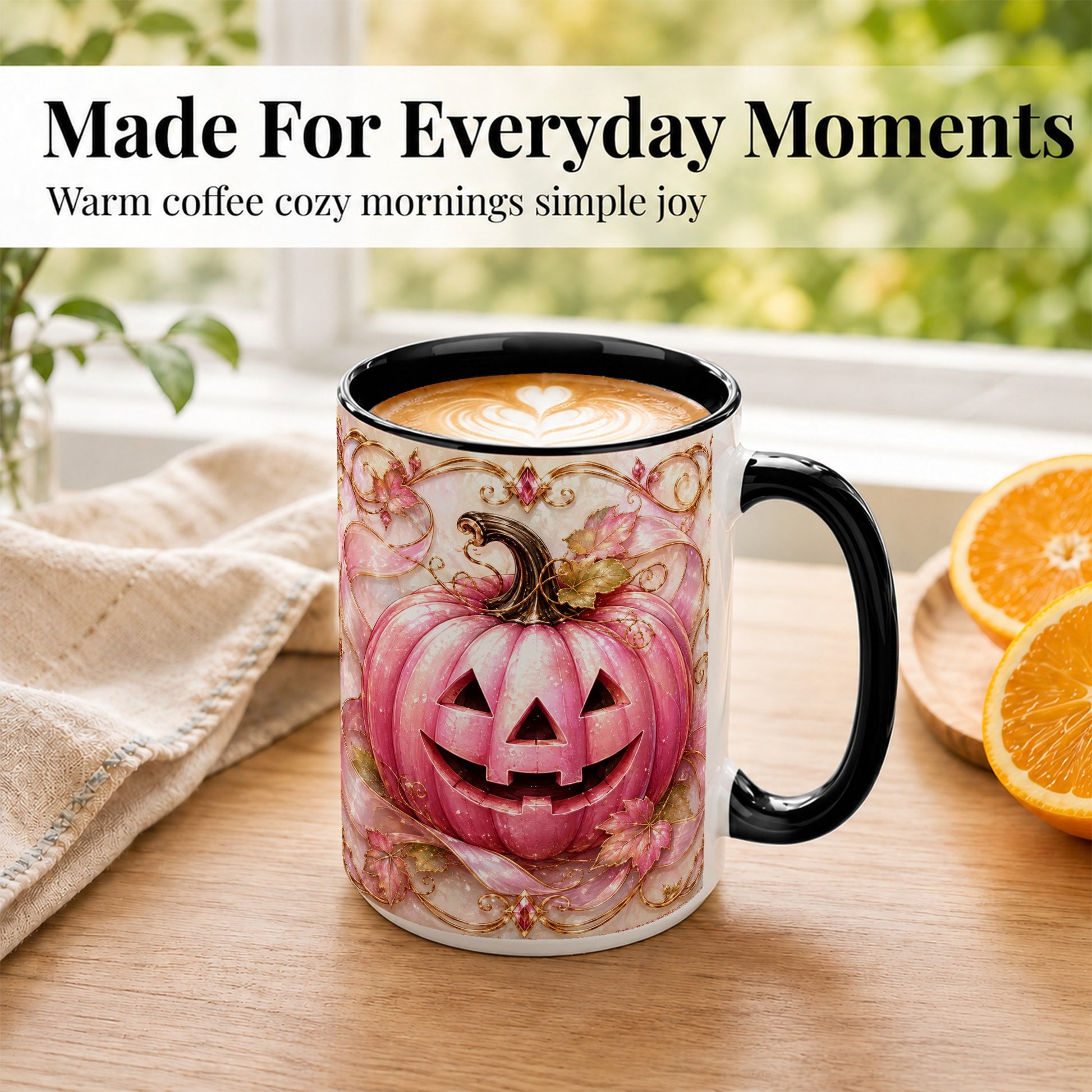 #pl[15oz|Black] Pink Pumpkin Coffee Mug, Halloween Jack O Lantern Mug, Ceramic Cup