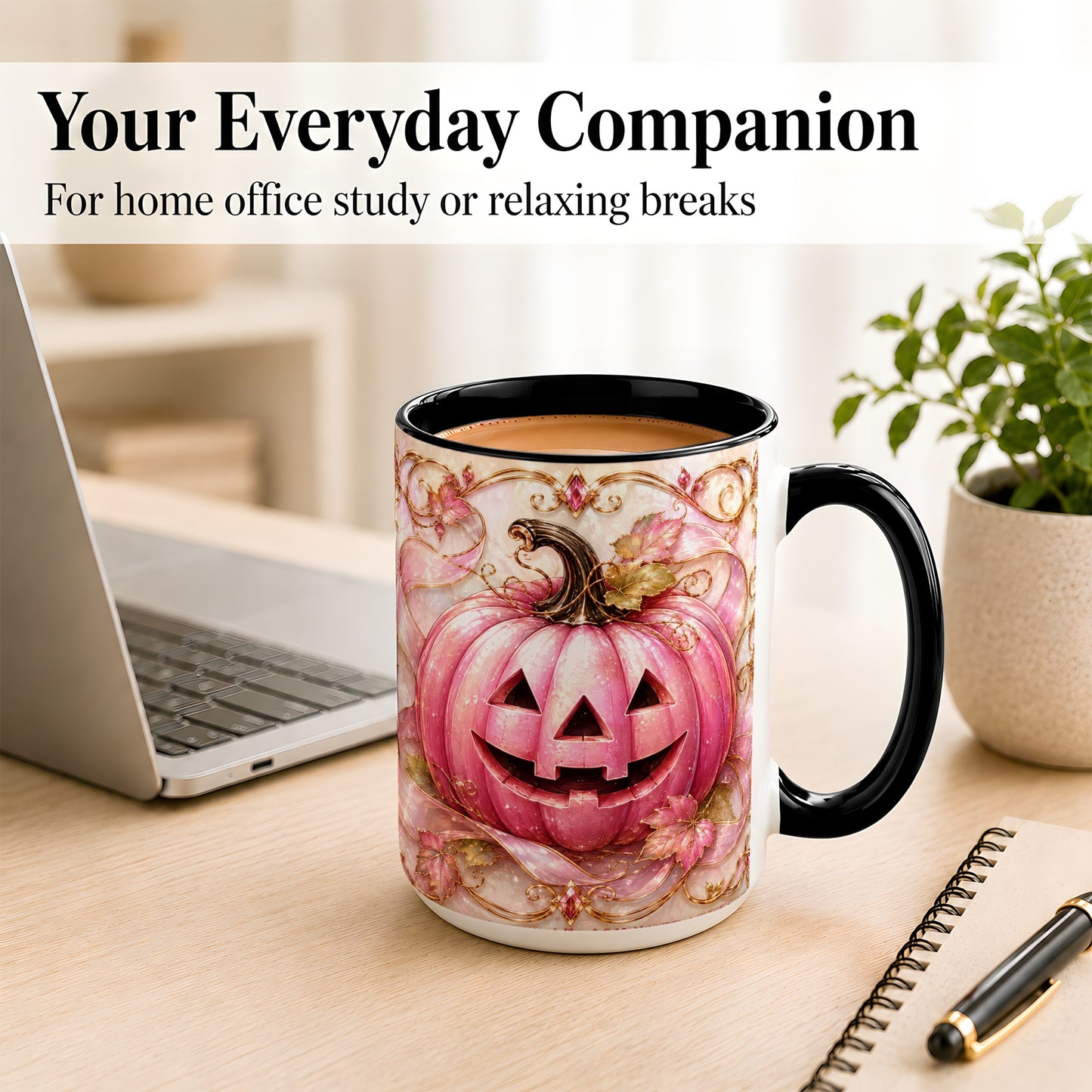 #pl[15oz|Black] Pink Pumpkin Coffee Mug, Halloween Jack O Lantern Mug, Ceramic Cup