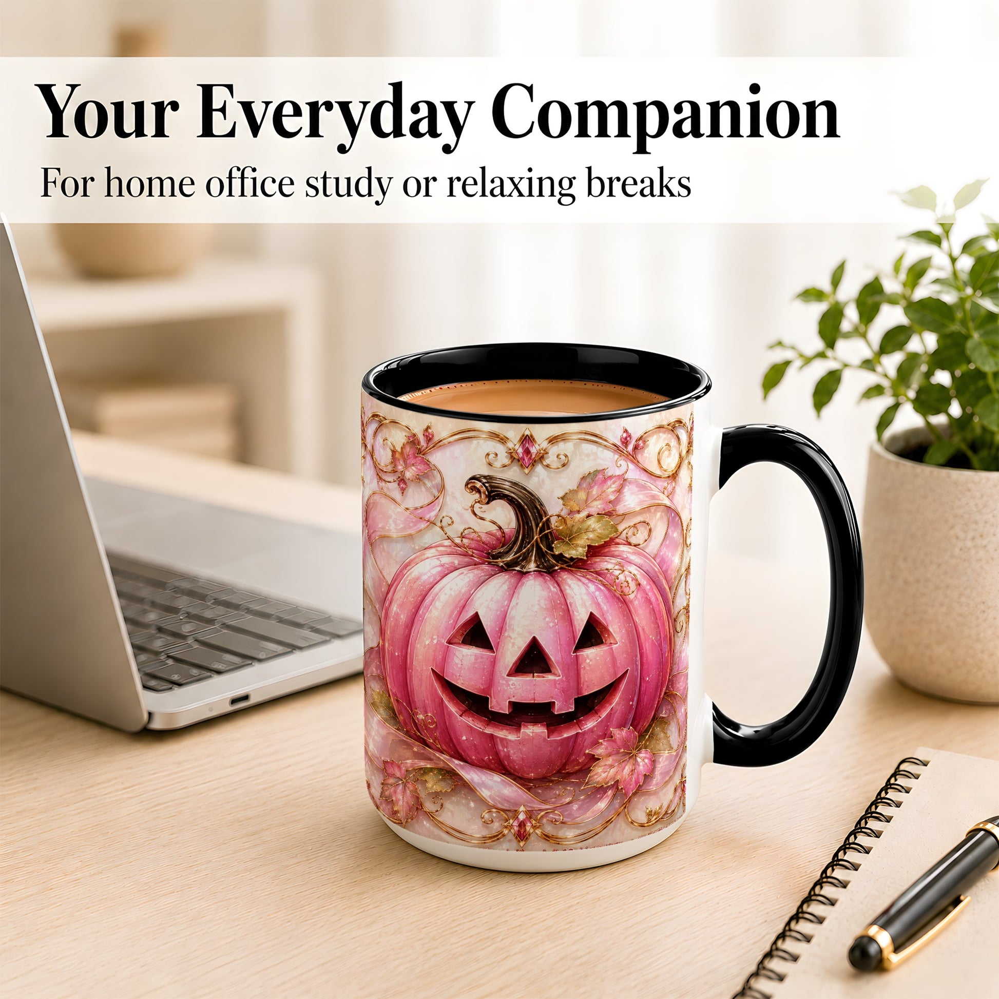 #pl[15oz|Black] Pink Pumpkin Coffee Mug, Halloween Jack O Lantern Mug, Ceramic Cup