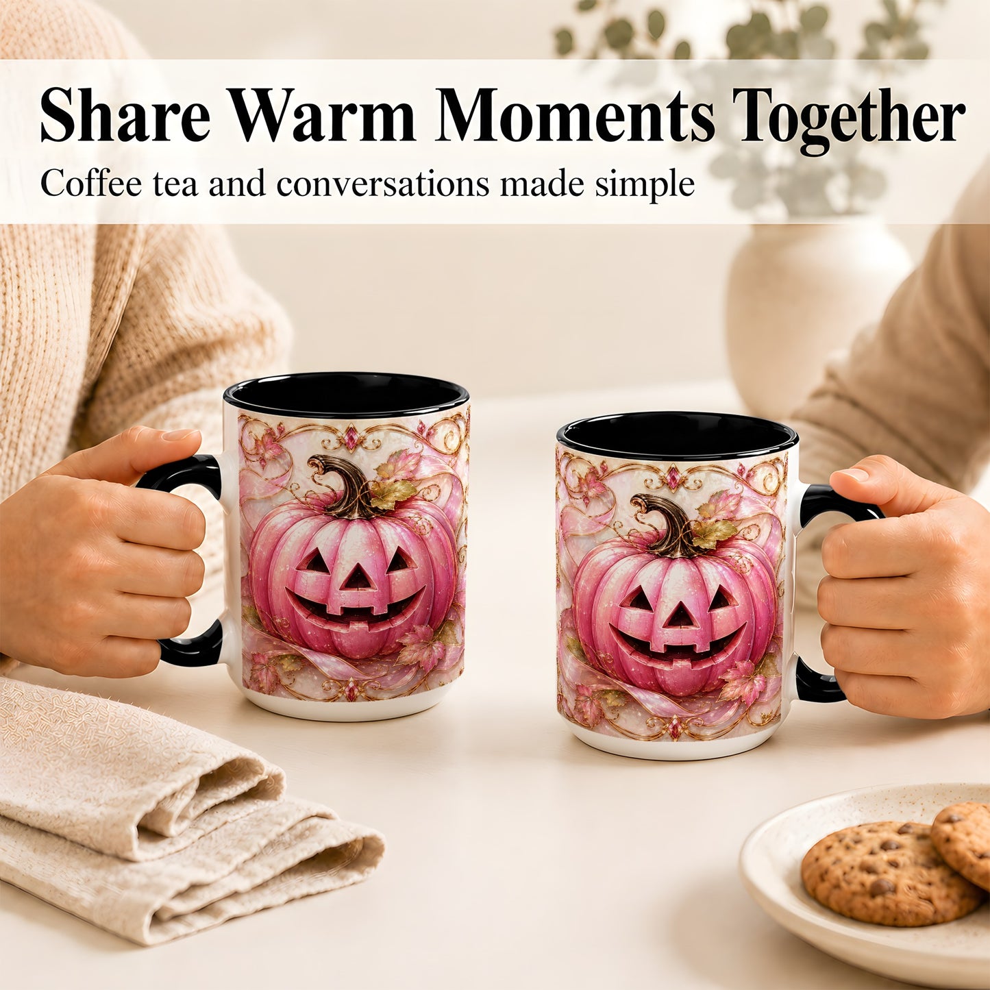 #pl[15oz|Black] Pink Pumpkin Coffee Mug, Halloween Jack O Lantern Mug, Ceramic Cup