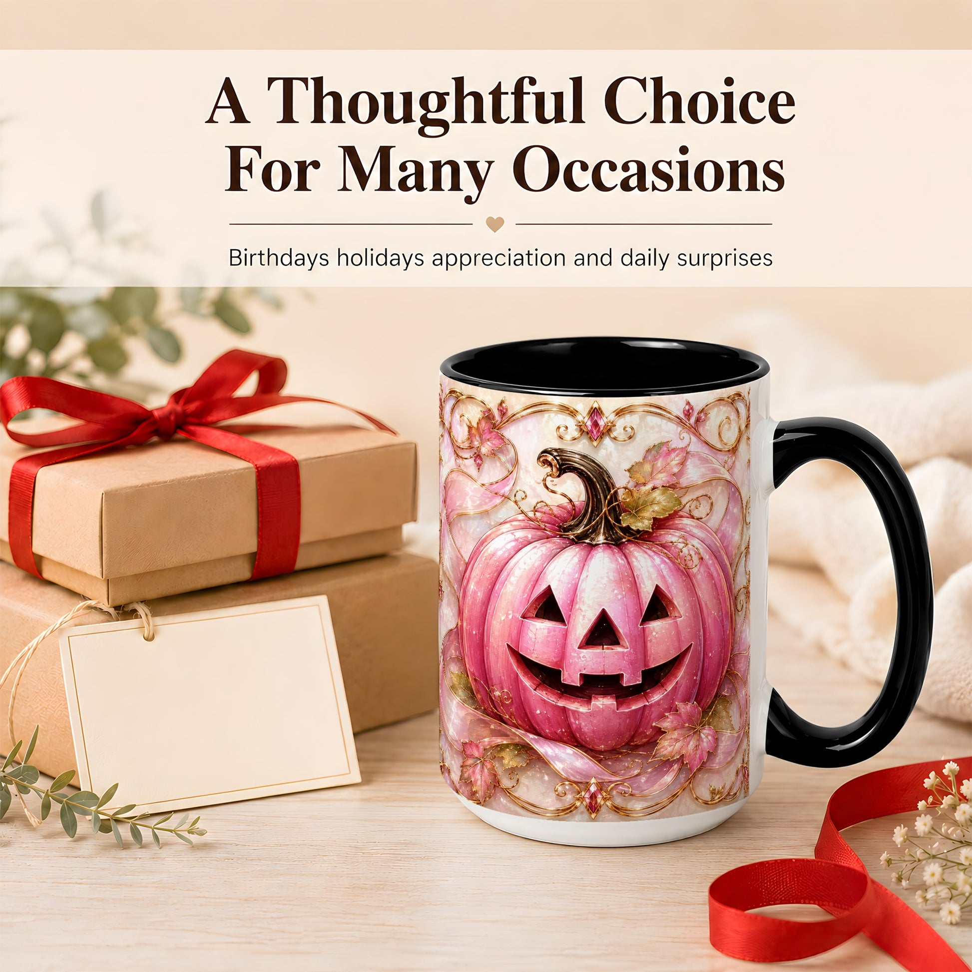 #pl[15oz|Black] Pink Pumpkin Coffee Mug, Halloween Jack O Lantern Mug, Ceramic Cup