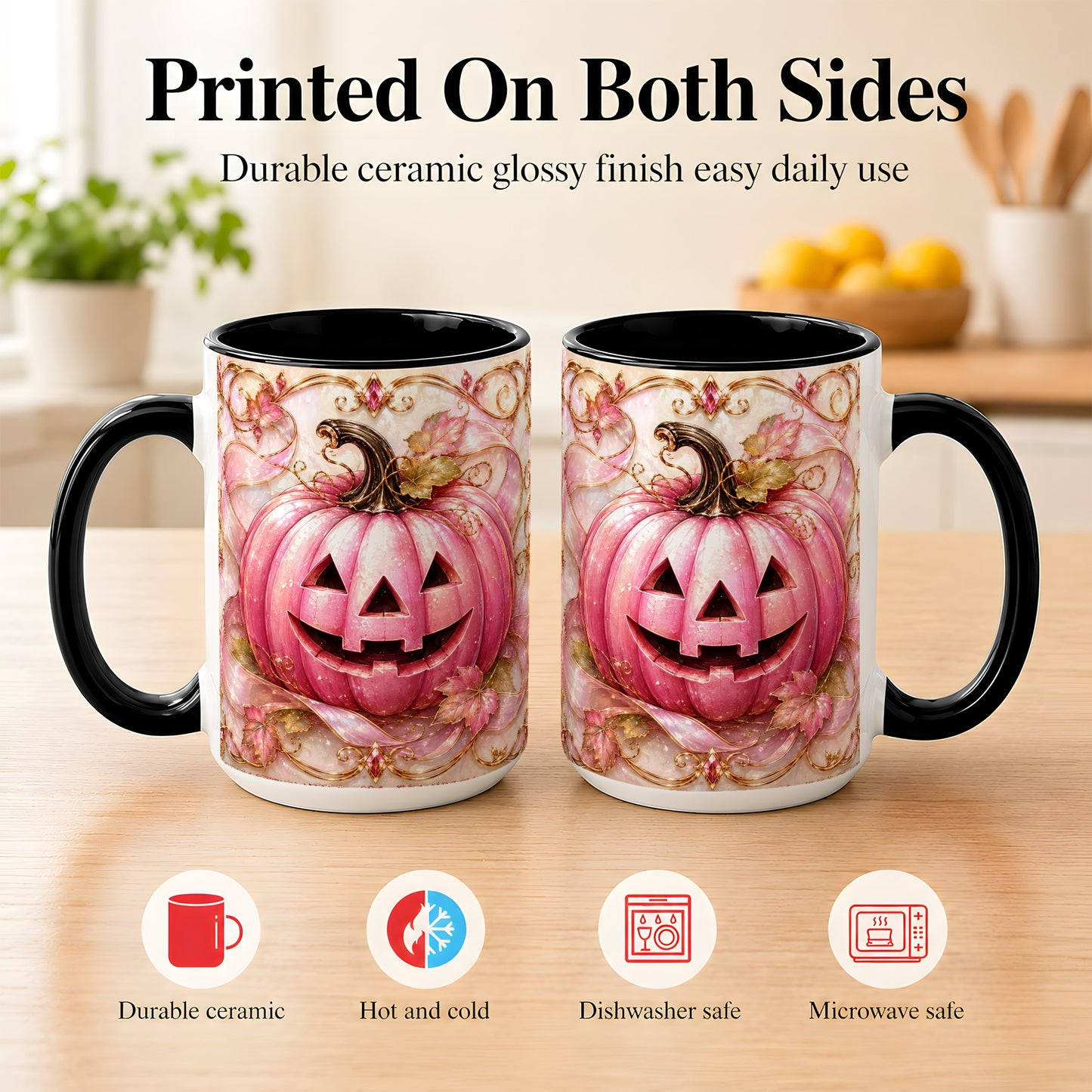 #pl[15oz|Black] Pink Pumpkin Coffee Mug, Halloween Jack O Lantern Mug, Ceramic Cup