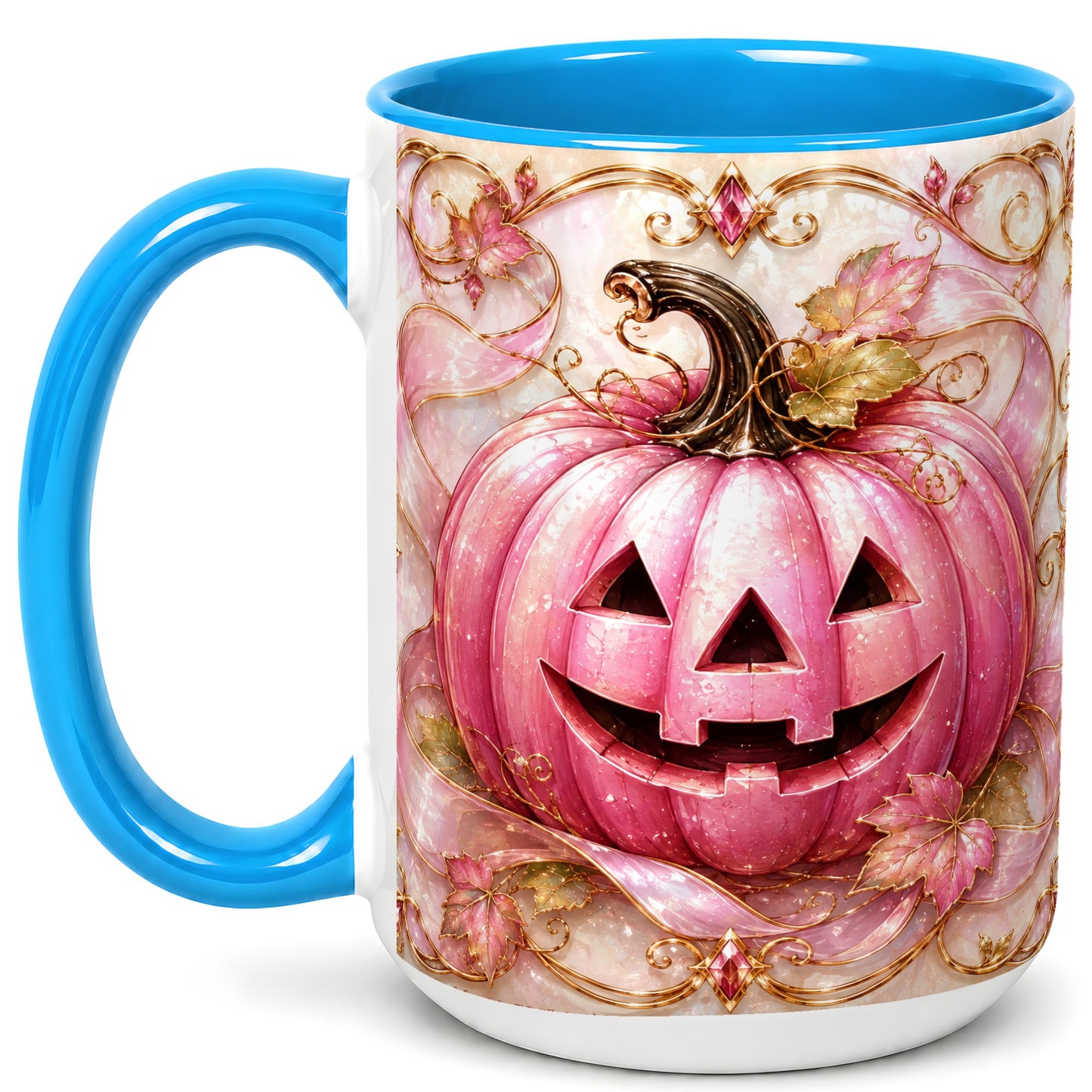 #pl[15oz|Blue] Pink Pumpkin Coffee Mug, Halloween Jack O Lantern Mug, Ceramic Cup