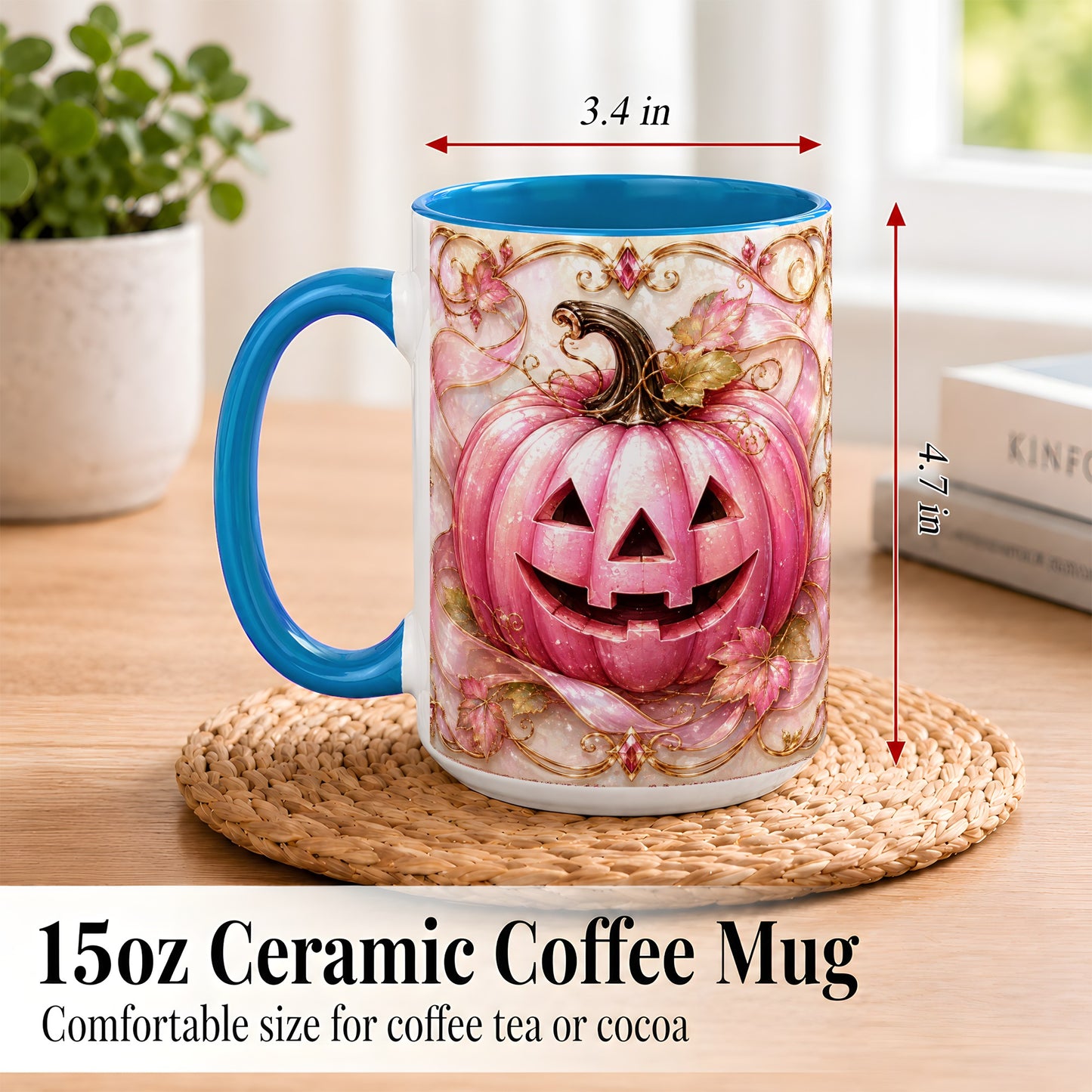 #pl[15oz|Blue] Pink Pumpkin Coffee Mug, Halloween Jack O Lantern Mug, Ceramic Cup