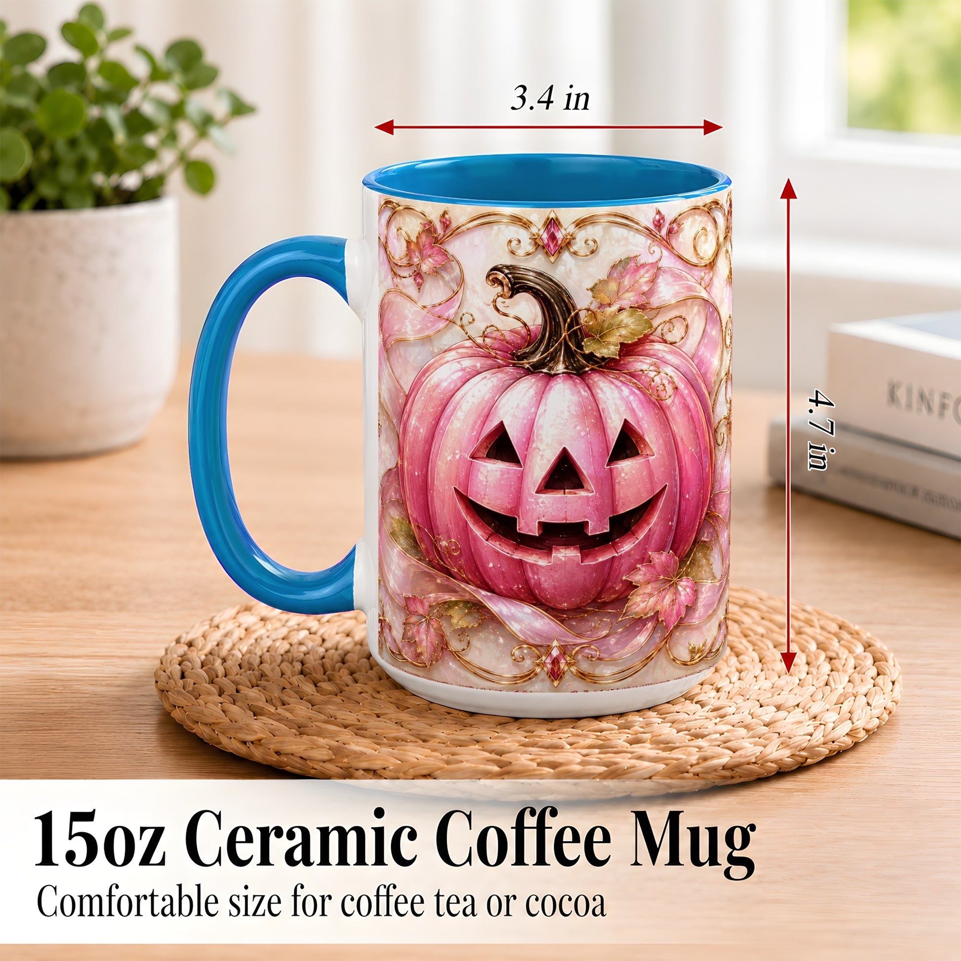 #pl[15oz|Blue] Pink Pumpkin Coffee Mug, Halloween Jack O Lantern Mug, Ceramic Cup