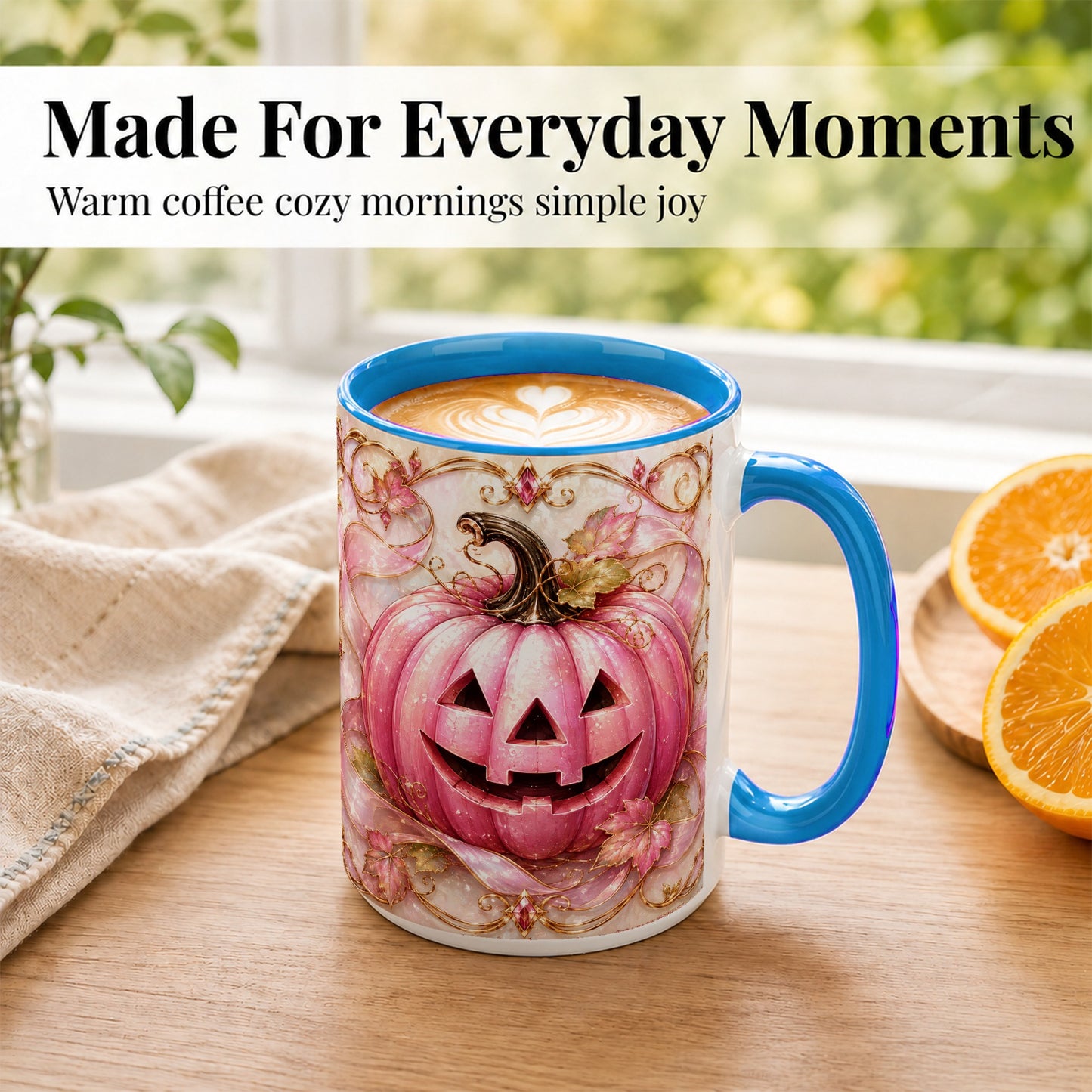#pl[15oz|Blue] Pink Pumpkin Coffee Mug, Halloween Jack O Lantern Mug, Ceramic Cup
